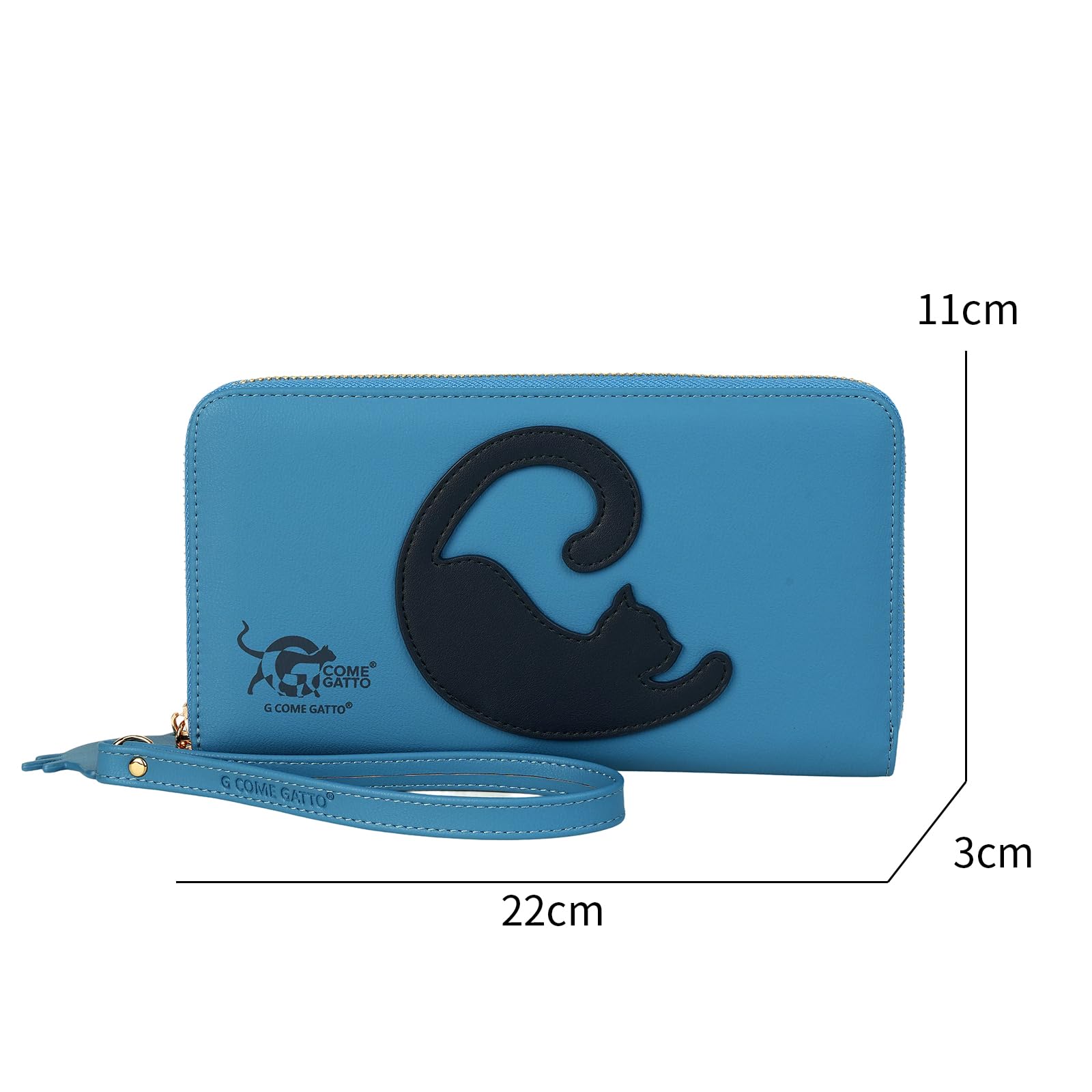 Portafogli Donna Grande con Gatto Stilizzato – 17 Slot Carte, Zip Monete, Spazio Penna – Design Esclusivo e Vegan Friendly – 3 Colori Disponibili (Ottanio con gatto blu)