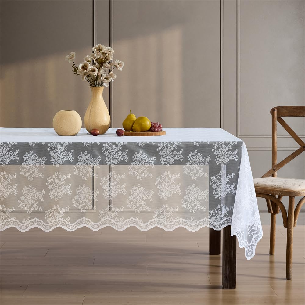 HLC.ME Jolene Tischdecke mit Blumenmuster, Spitzenstoff, für rechteckige Tische, knitterfrei, Gemustert, gewellt, 60 x 84 cm, Weiß
