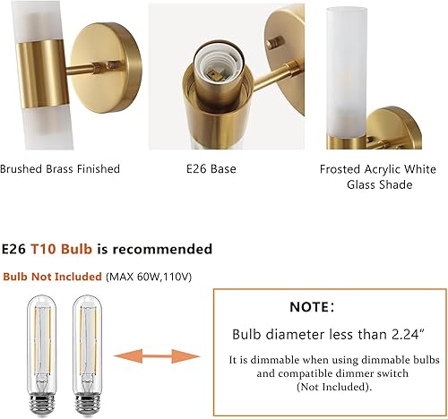 Miniatura 5 de BAODEN Lámparas doradas para tocador de baño, paquete de 2 lámparas modernas de pared cilíndrica, pantalla de vidrio acrílico blanco esmerilado, 2