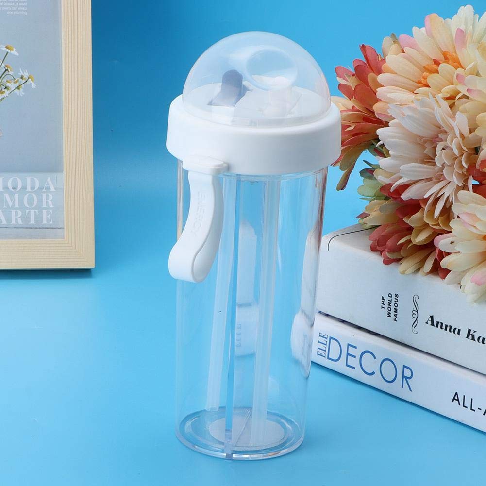 Tiiyee Bottiglia d'Acqua a Doppio Uso, 600Ml Innovativa Borraccia Uso con Cannuccia Coperchio Campeggio Sport all'Aperto Divisa Portatile Due Cannucce Acqua Doppia Faccia Bicchiere Tazza (Bianco