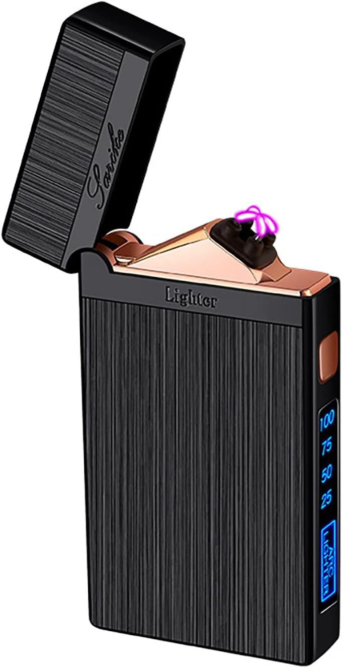 – SKRFIRE Electric Lighter Cool Lighters Rechargeable USB Plasma Windproof Dual Arc Lighter Fire Lighters with Crisp Opening Sound Battery Display LED Light Brushed Metal Body for Candle Camping(Black)
