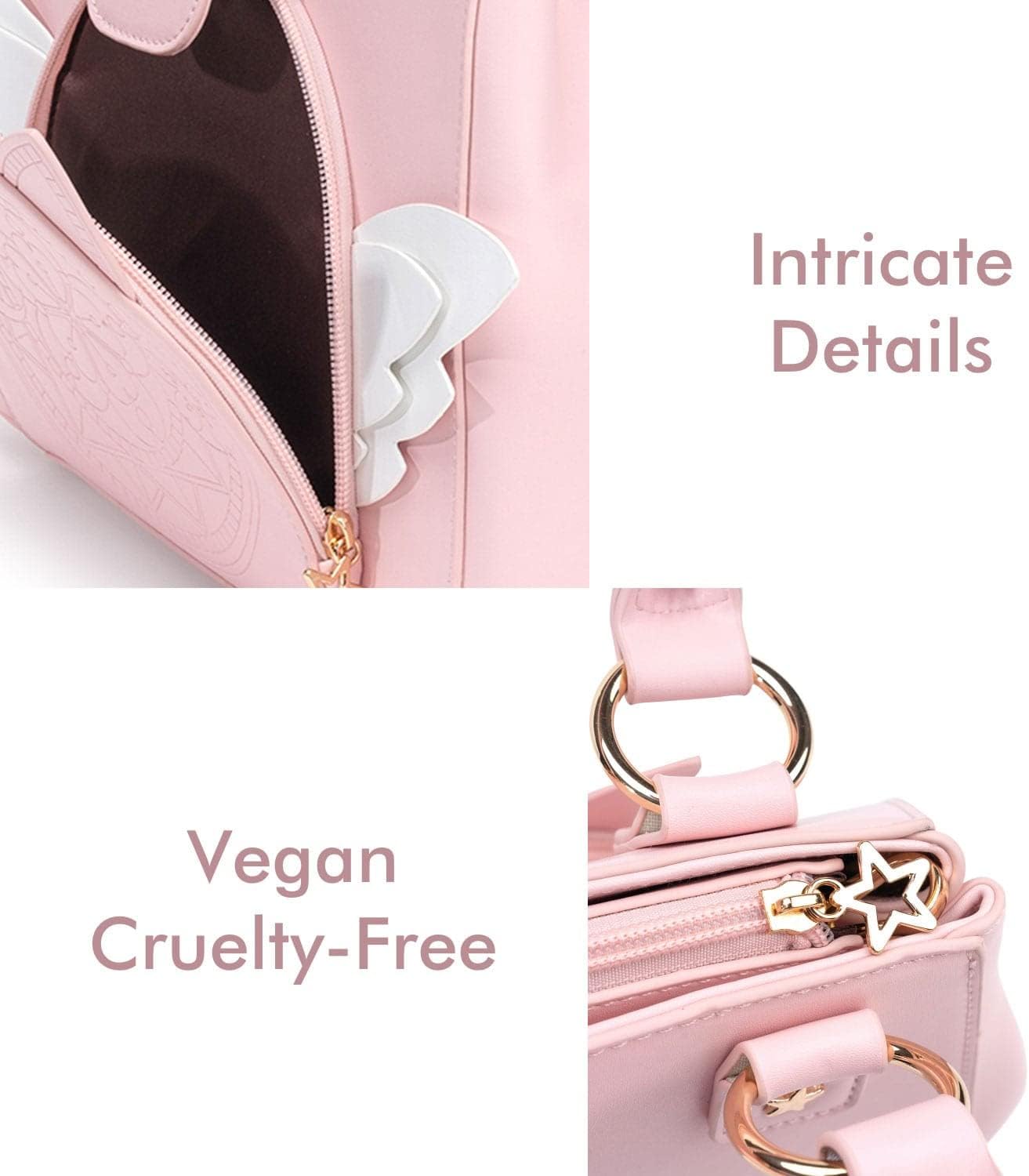 BelugaDesign Sakura Purse | Cute Pastel Pink Kawaii Girls Women Crossbody Shoulder Bag | Princess Cardcaptor Moon Anime Heart Wing Handbag | Faux Leather Vegan Birthday Gift with Straps and Pockets