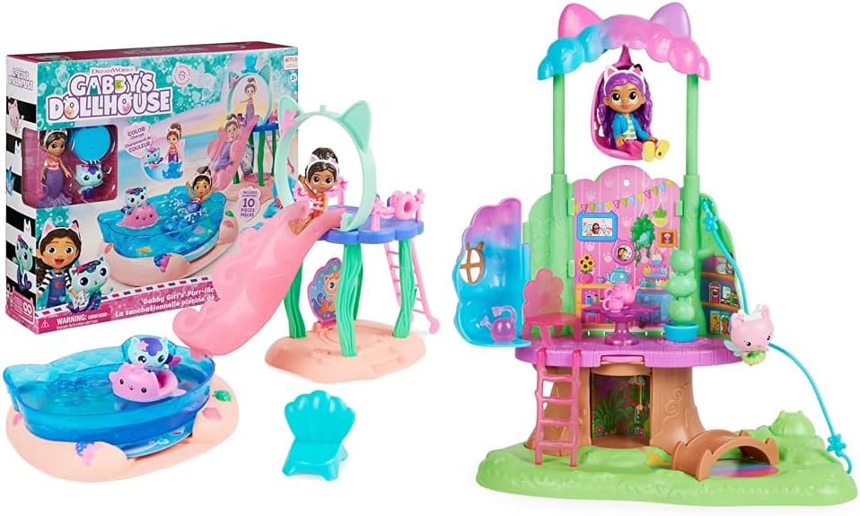 Gabby's Dollhouse, Purr-ific Pool Playset with Gabby and MerCat Figures, Transforming Garden Treehouse Playset with Lights, 2 Figures, 5 Accessories, 1 Delivery, 3 Furniture