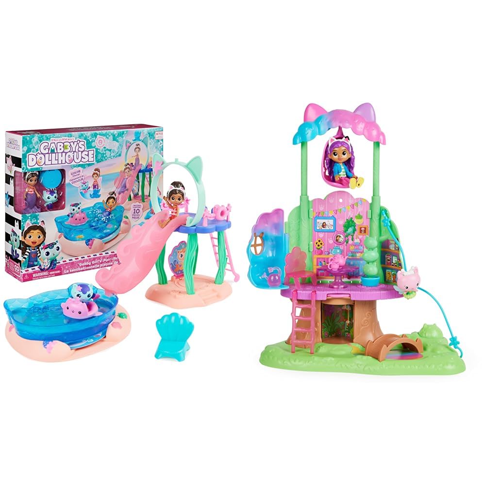 Gabby's Dollhouse, Purr-ific Pool Playset with Gabby and MerCat Figures, Transforming Garden Treehouse Playset with Lights, 2 Figures, 5 Accessories, 1 Delivery, 3 Furniture