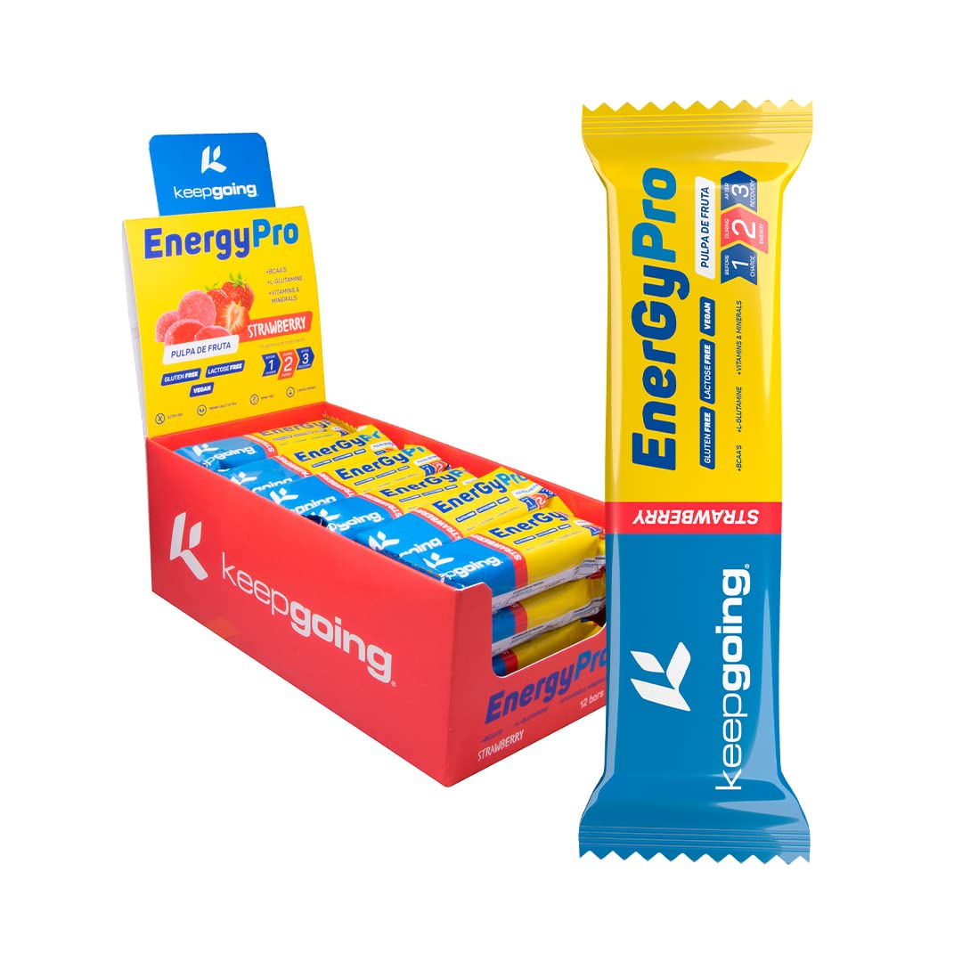 Keepgoing - Barritas Energéticas Naturales EnergyPro 12 uds x 40g | Textura de Gominola para Ciclismo y Running | Barritas Energéticas de Pulpa de Fruta (12 unidades, Fresa)