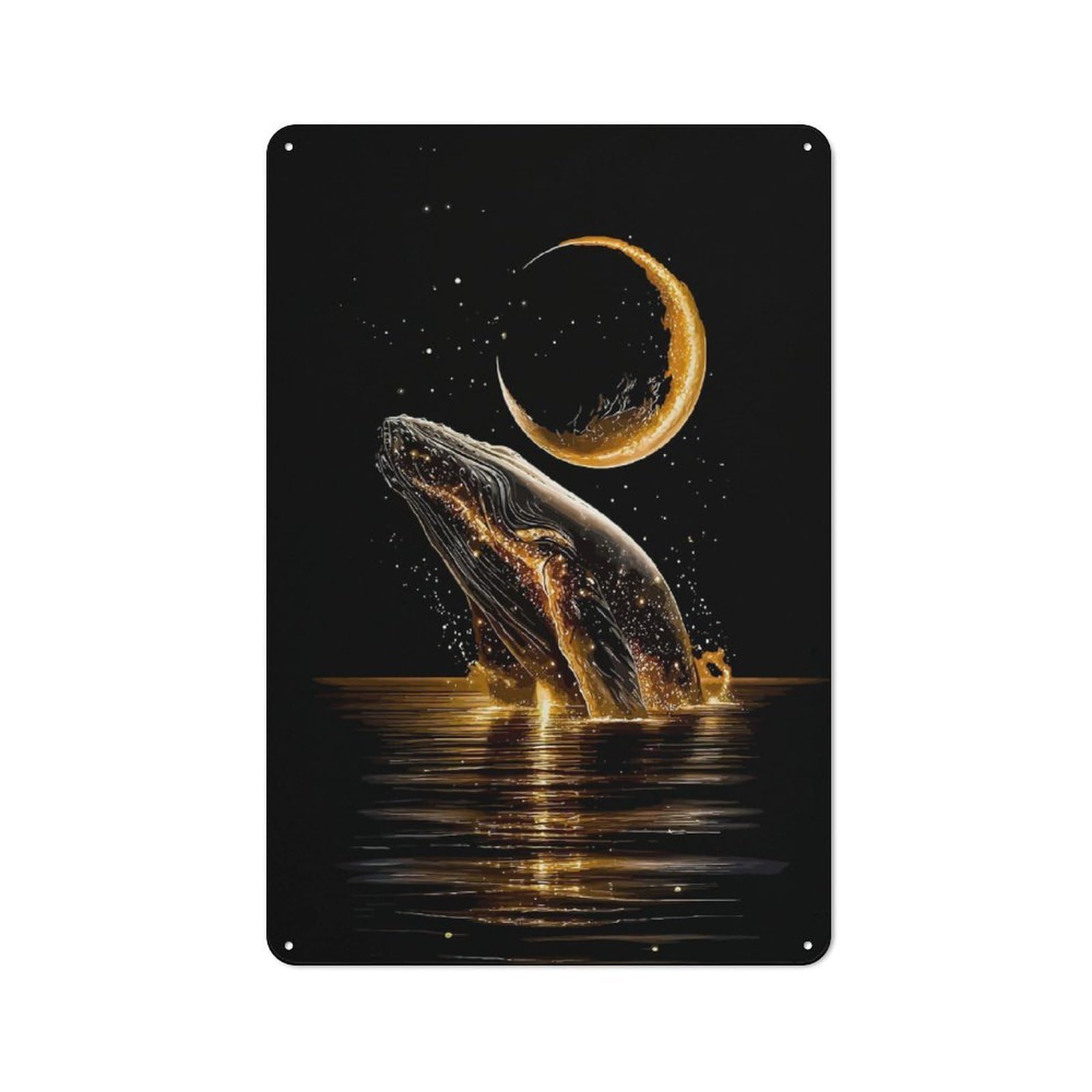Junmoney Golden Whale Leaping Under Crescent Moon Rustic Metal Wall Sign 30X20cm For Kitchen Or Home Bar, Suited To Home Bar Enthusiasts
