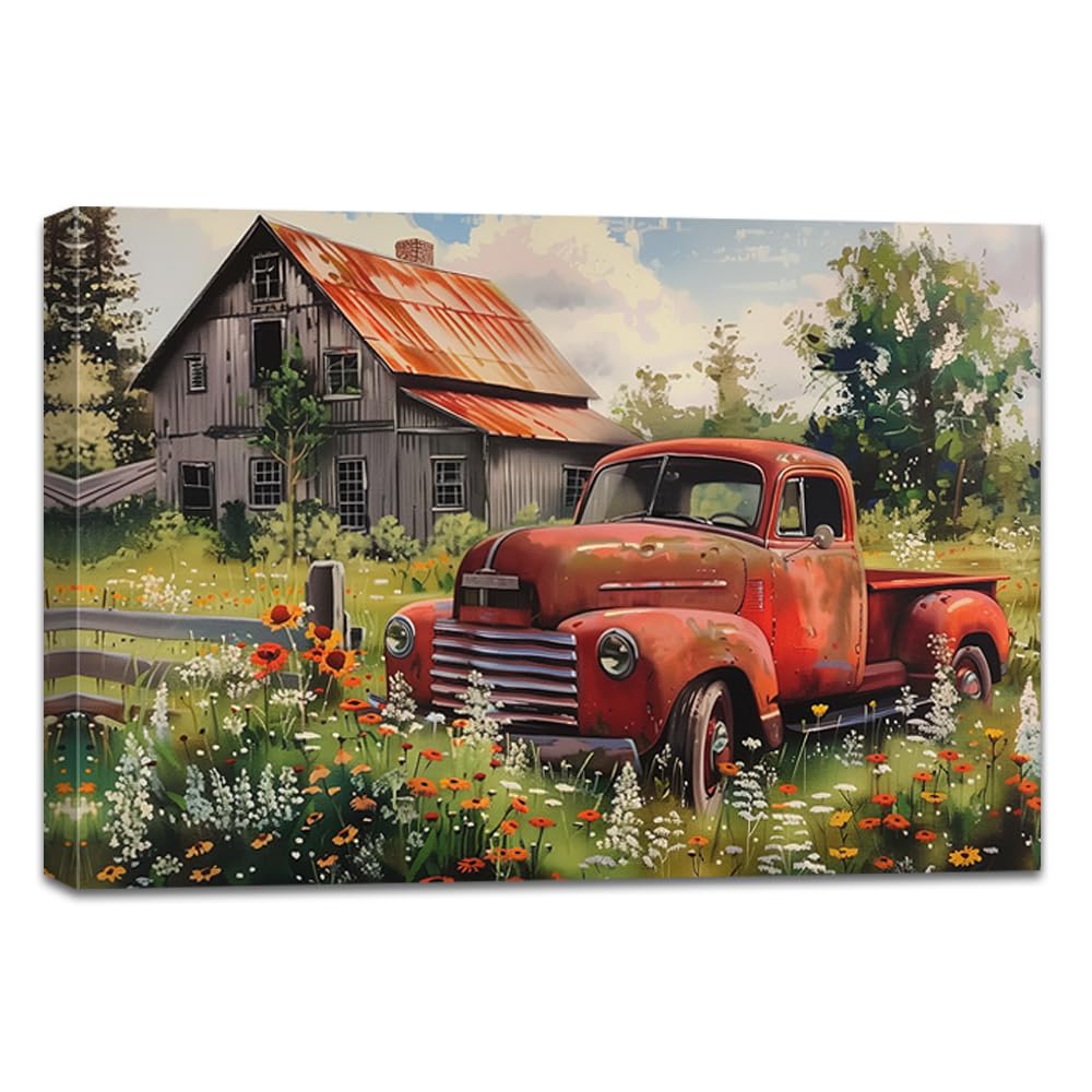 LMYSXAOZ Farmhouse Barn Canvas Wall Art Red Truck Picture Printing Old Car Decor Artwork Country Landscape Painting Framed Ready to Hang(Truck 3,16.00" x 24.00")