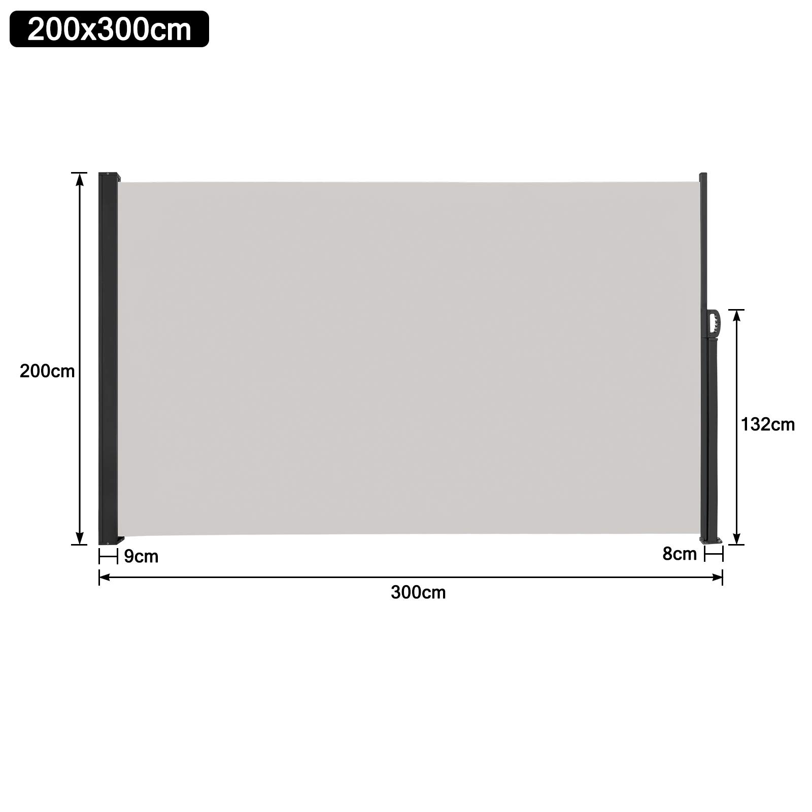 Aufun Toldo lateral de aluminio, 200 x 300 cm, extensible, opaco, protección solar, con soporte de pared, protección visual, para balcón, terraza, jardín, color gris