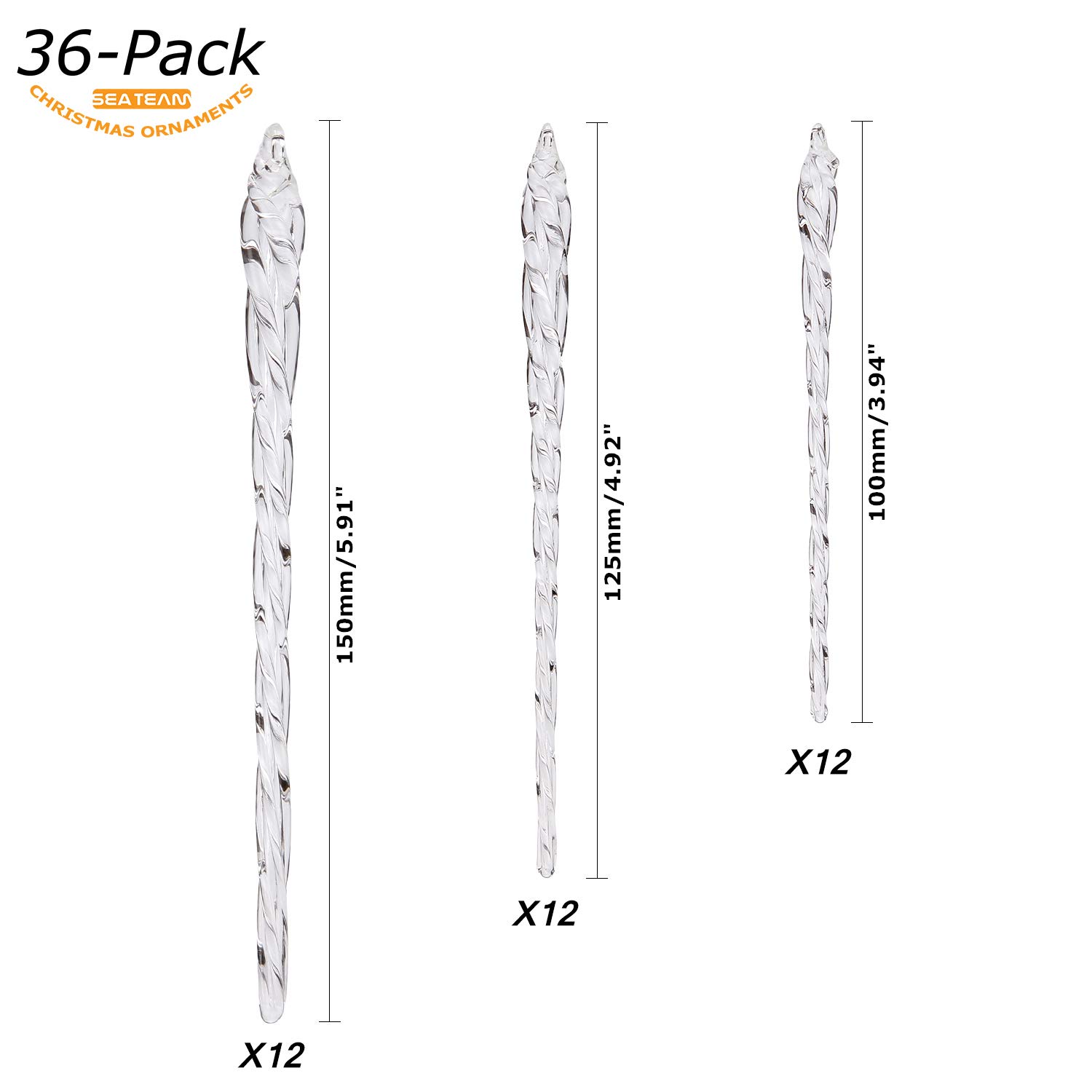 Sea Team Clear Glass Icicles Drops Ornaments for Christmas Tree Decorations, 3.9-5.9 inches, Set of 36