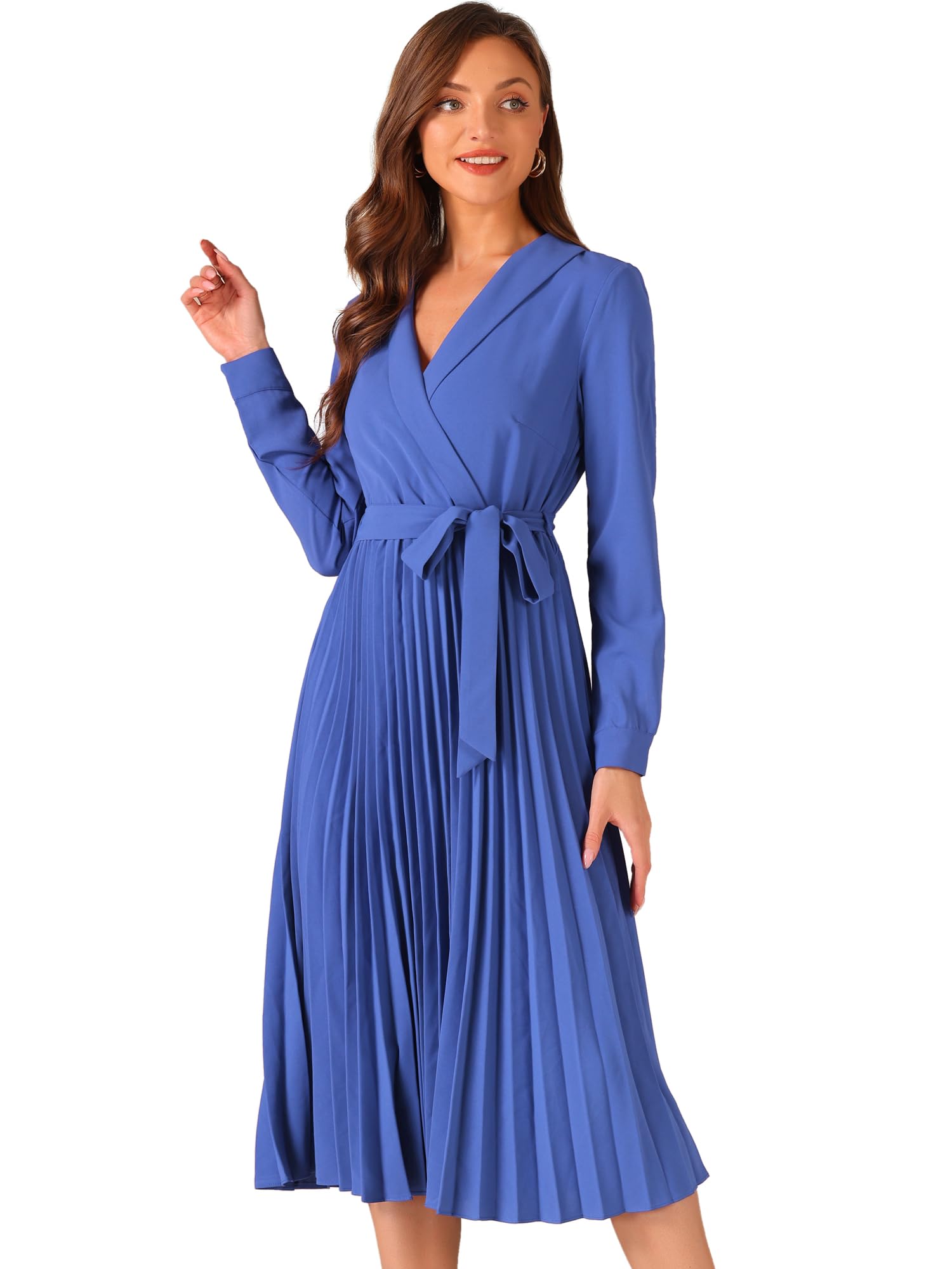 Allegra K Casual Pleated Dress for Women's Long Sleeve Lapel Collar Tie Waist Midi Dresses