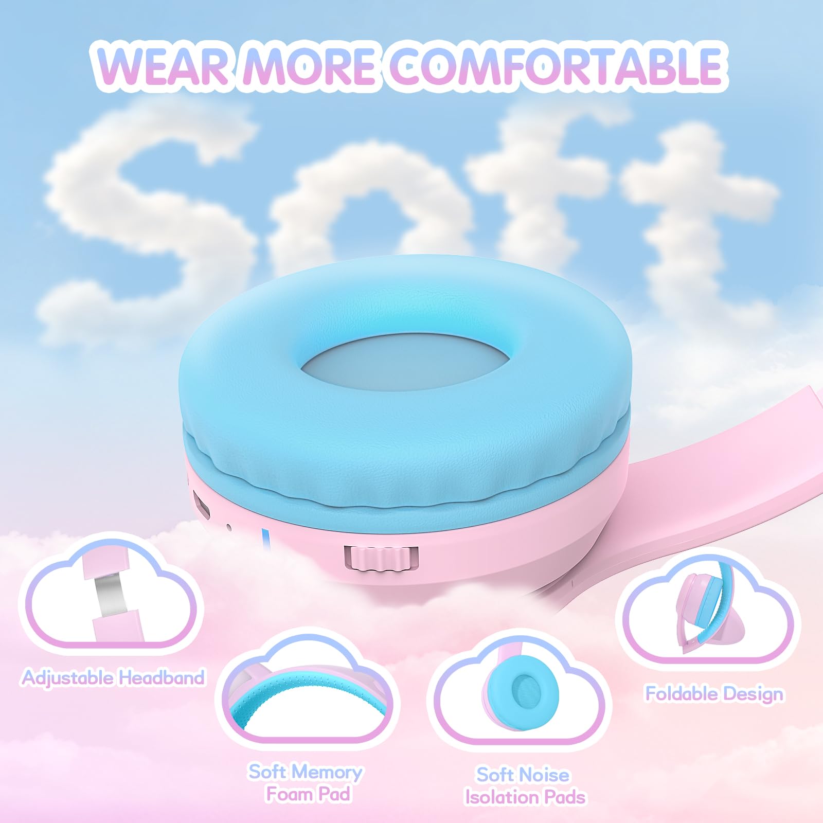 IFECCO Cuffie Bluetooth per bambini senza fili con custodia – Cuffie over-ear con luci LED, orecchie da gatto, limitazione del volume a 85 dBA, microfono integrato, compatibili con iPad/tablet/scuola