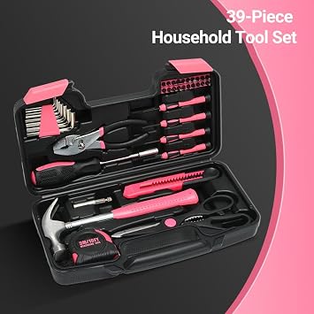 39Pcs Essential Household Tools Kit with Plastic Toolbox Hand Tool Set Portable and Lightweight Basic Home Tool Set Emergency Tool Kit with General Tools