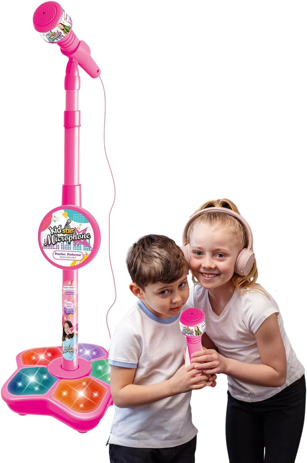 Children's Microphone with Rod, Children's Karaoke Microphone with LED Lights, Adjustable Height, Interactive Microphonos, Birthday for Girls and Girls, 21 x 100 cm