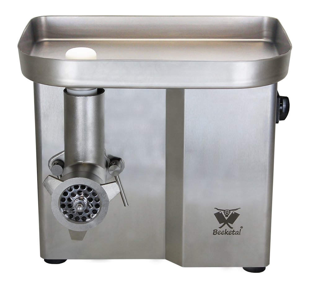 Beeketal 'FW550P' Industrie Fleischwolf für bis zu 150 kg/Std. Durchsatz, direktübersetzer 550W Motor mit ölgelagertem Getriebe und Rückwärtsgang, inkl. 2 Messer, 3 Lochscheiben, Fleischstopfer