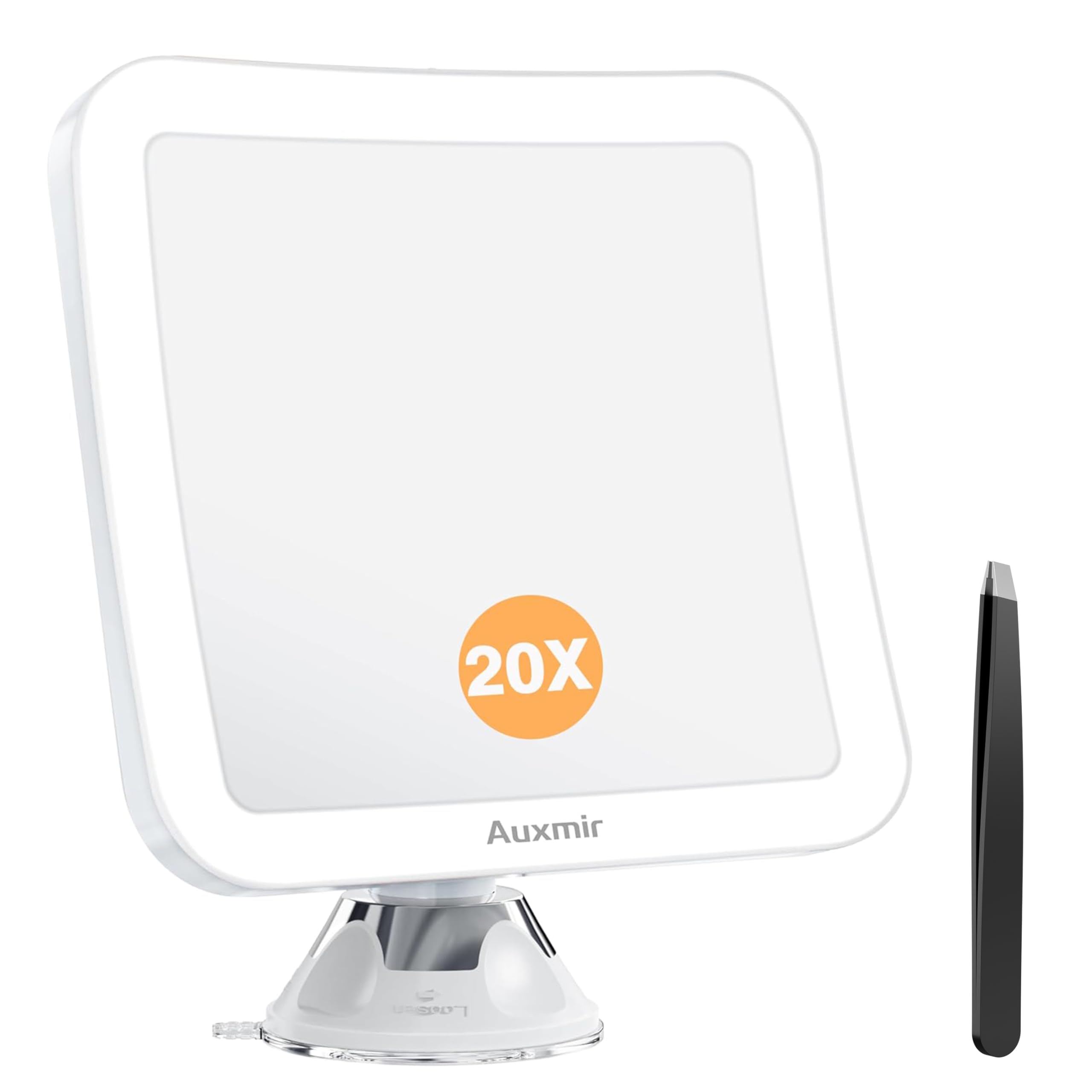 Auxmir Espejo Maquillaje con Luz 20X, Espejo Aumento con Ventosa para Pared, Giratorio 360, Portátil para Ducha Baño Viaje Afeitado Depilación Cejas, Blanco, Cuadrado