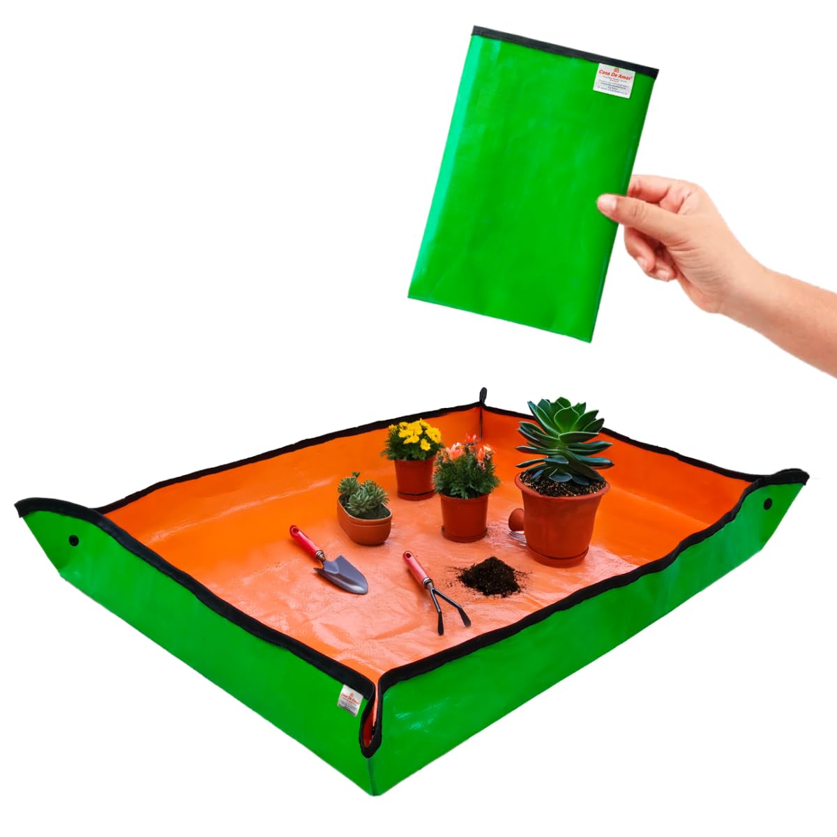 Casa De Amor Gardening Mat 75x100 cm | Waterproof & Foldable HDPE Mat with Snap Buttons | for Soil Mixing, DIY & Plant Care | Green-Orange (Pack of 1)-image-21
