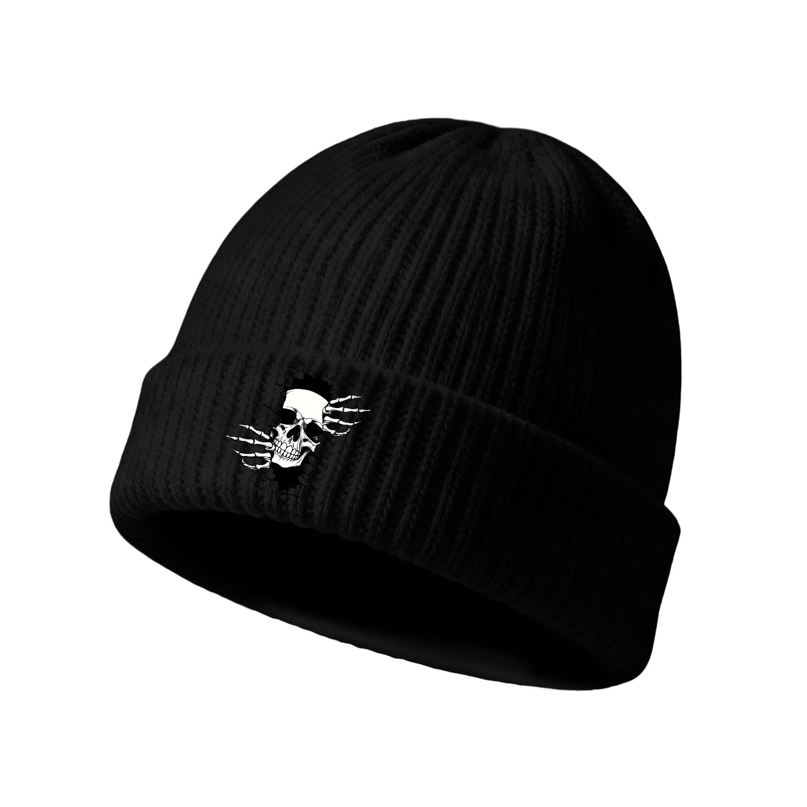 Halloween Skeleton Skull Beanie Embroidered Hat, Black Beanie Hat for Mens Warm Winter, Goth Gothic Style Hat for Adults