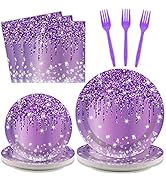 96 Pcs Purple Silver Tableware Set for Birthday Party Decor Disposable Dessert Plates Napkins For...