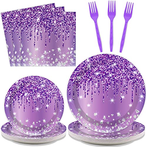 Image of 96 Pcs Purple Silver Tableware Set for Birthday Party Decor Disposable Dessert Plates Napkins Forks for 24 Guests Elegant Purple Tableware for Women Girls Baby Shower Bridal Shower Party Supplies