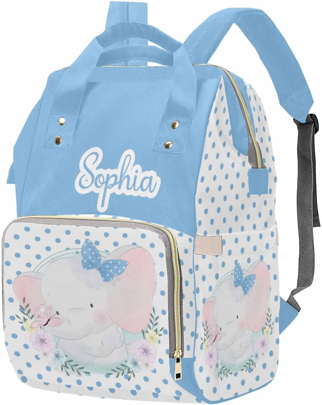 M YESCUSTOM Personalized Diaper Bag with Name Custom Mommy Bag Backpack for Women Customized Waterproof Large Capacity Travel Daypack Blue Dots and Animal Design