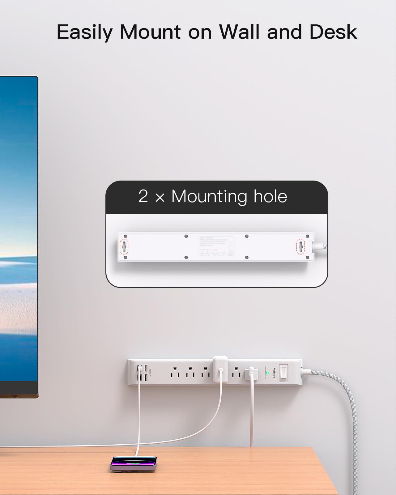 Tira de alimentación protectora contra sobretensiones de 10 pies con 4 puertos USB, 2 enchufes USB-C 6 CA, cable de extensión de enchufe plano, estación de carga USB, montaje en pared para el hogar,