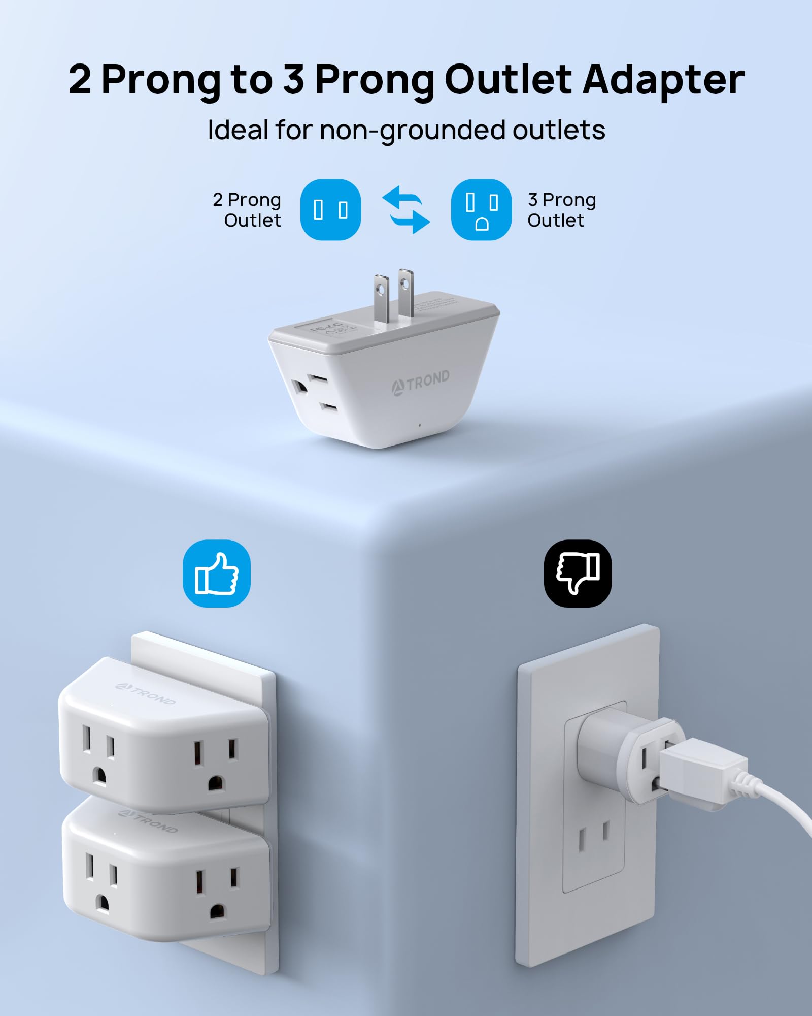 Snapklik.com : TROND 2 Prong To 3 Prong Outlet Adapter 2 Pack, 3-Way ...