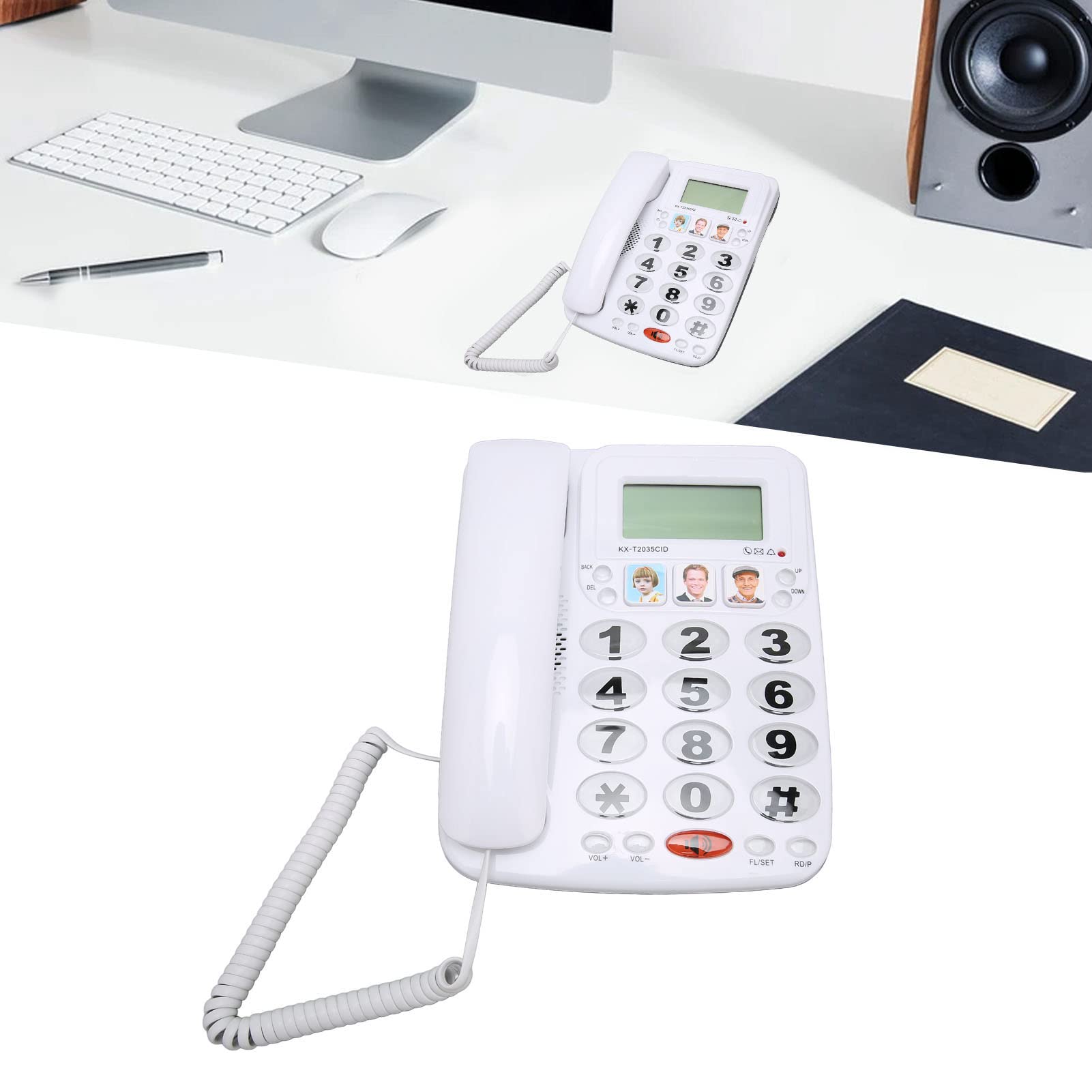 Telefono fisso Telefono domestico con doppia porta Suono nitido Ricomposizione ultimo numero Funzione Mute Volume del telefono con filo regolabile (Blanco)