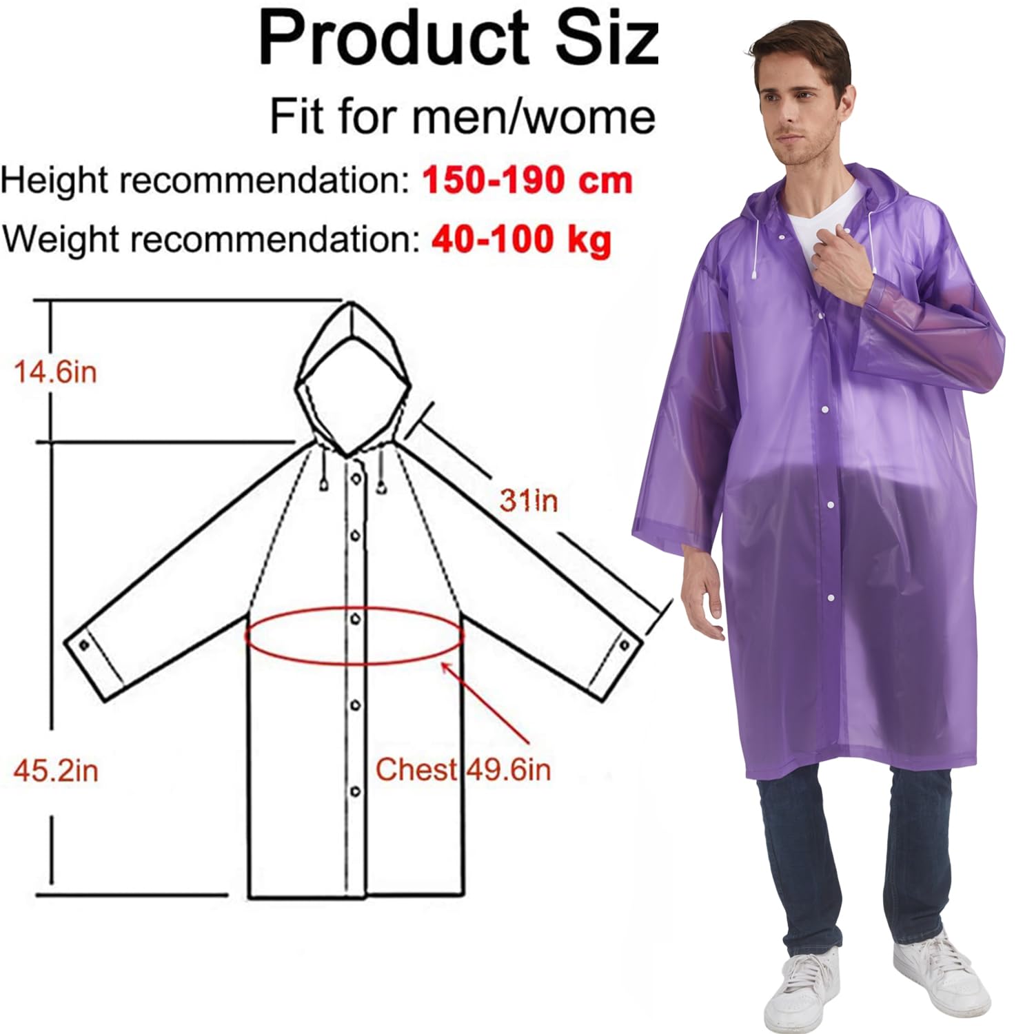 UPSEN Regenponcho Regenjacke Regenmantel für Herren Damen Wasserdicht, 2 Stück Wiederverwendbar Regencape Regenbekleidung für Wandern Camping Radfahren Reisen