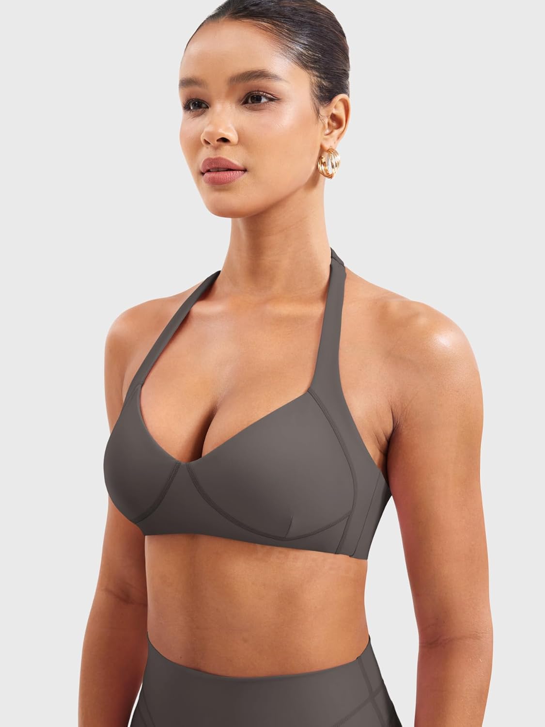 YEOREO Women Halter Sports Bra Light Support V Neck Padded Strappy Open Back Workout Gym Tops - Image 7