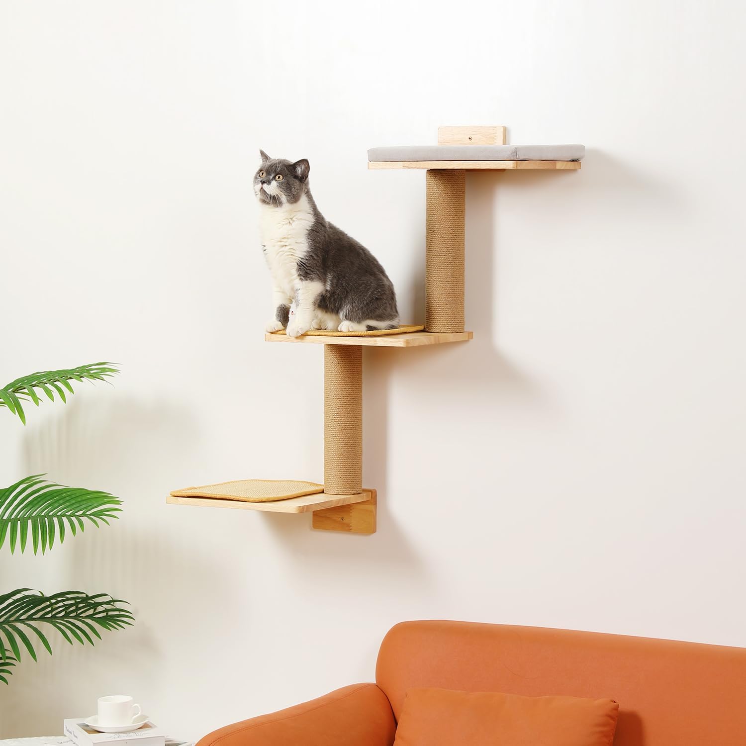 Cat Wall Shelves, 3-in-1 Transformable Wall-Mounted Scratching Post, Cat Tree Shelf & Climbing Steps for Play, Climb & Scratch (Large)