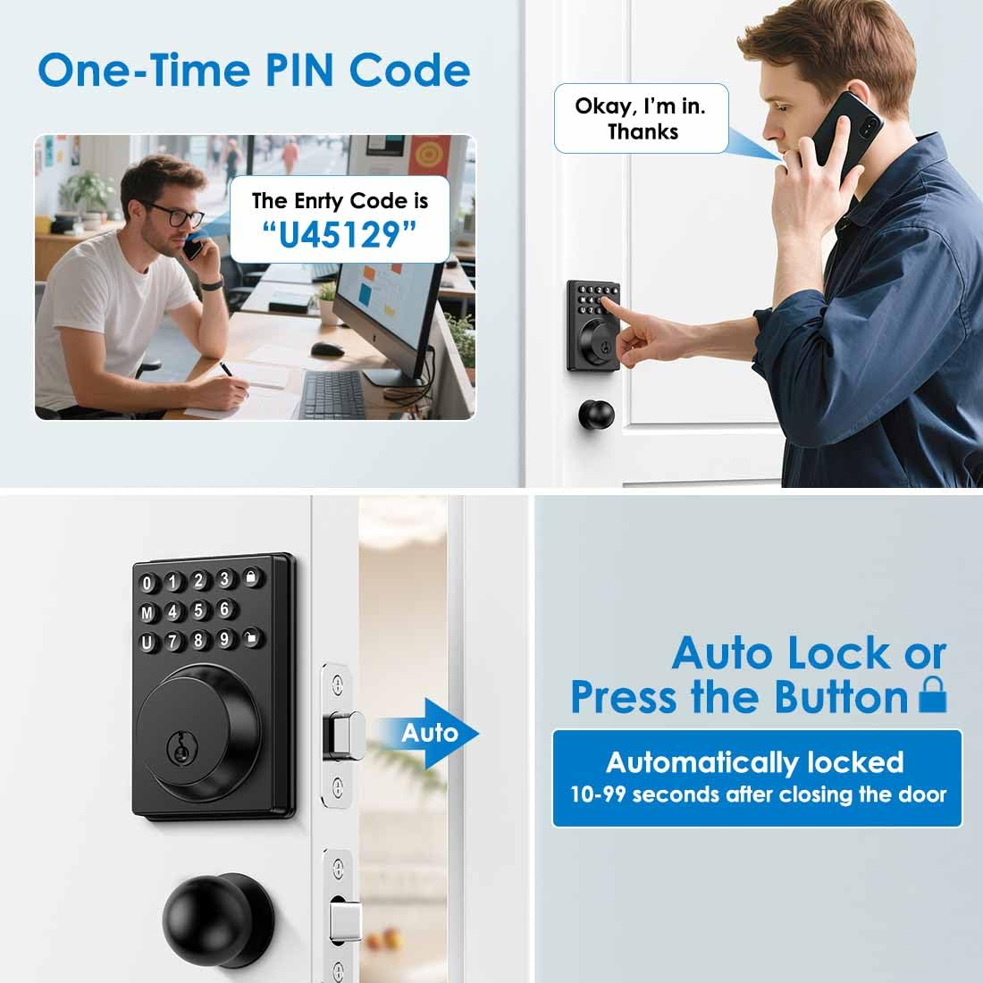 Schlüsselloses Türschloss, Tastenfeld, Riegel, mattschwarz, mit einfachem One-Touch-Programm und fortschrittlicher Sicherheit, automatische Verriegelung, einfache Installation, 2 Ersatzschlüssel