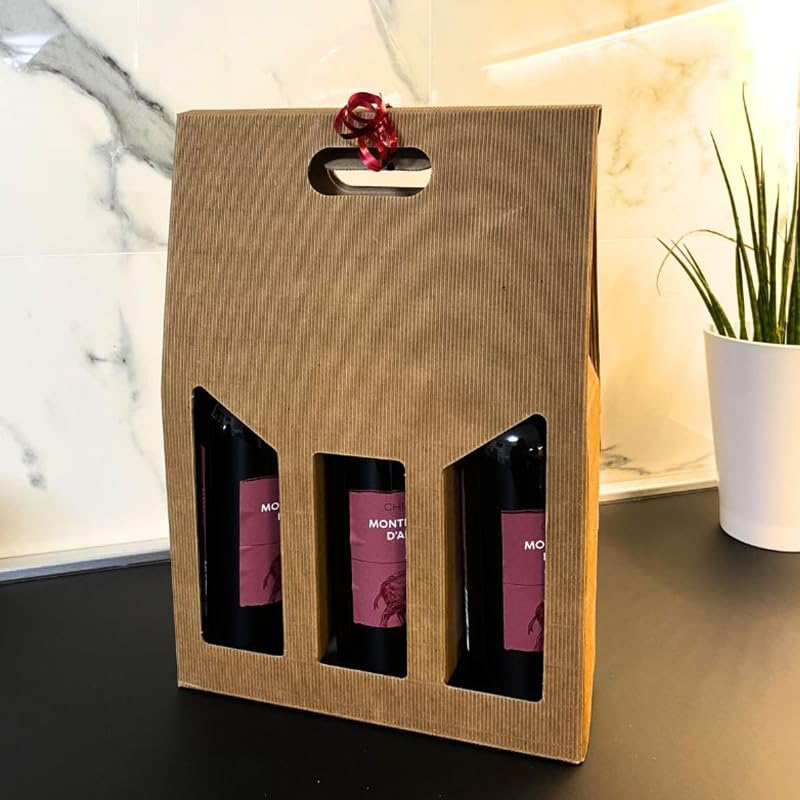 VIRSUS Scatola Portabottiglia Vini in Carta Avana per 3 BOTTIGLIE 4546, Misura 27x9x39 cm, Box Busta in cartone ondulato, per Bottiglie vino, Prosecco, Champagne, per Natale, Feste ed Eventi (20)