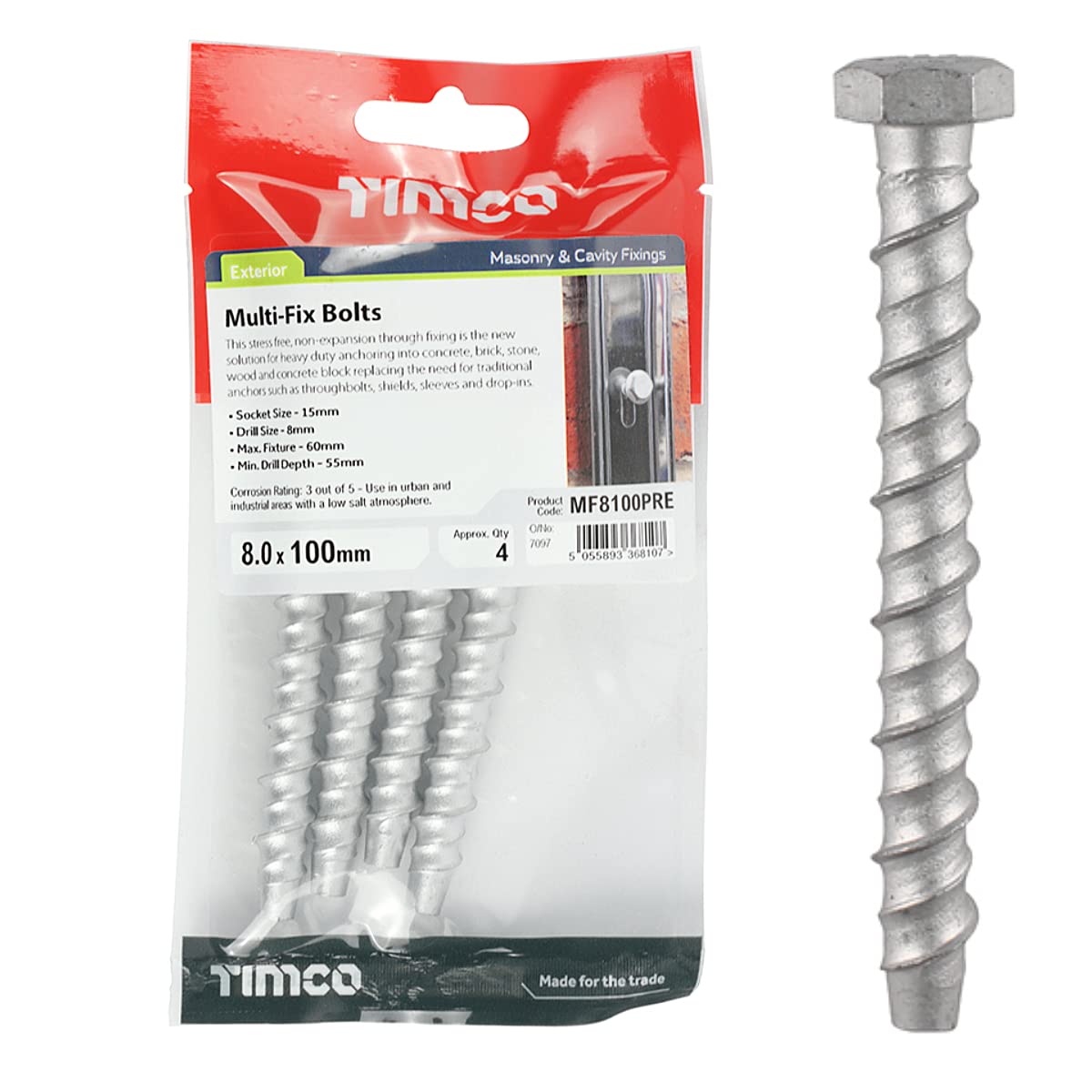 Timco Pack Of 4 Mf8100premulti-Fix Masonry Bolts - Hex - Exterior - Silver - 8.0 X 100
