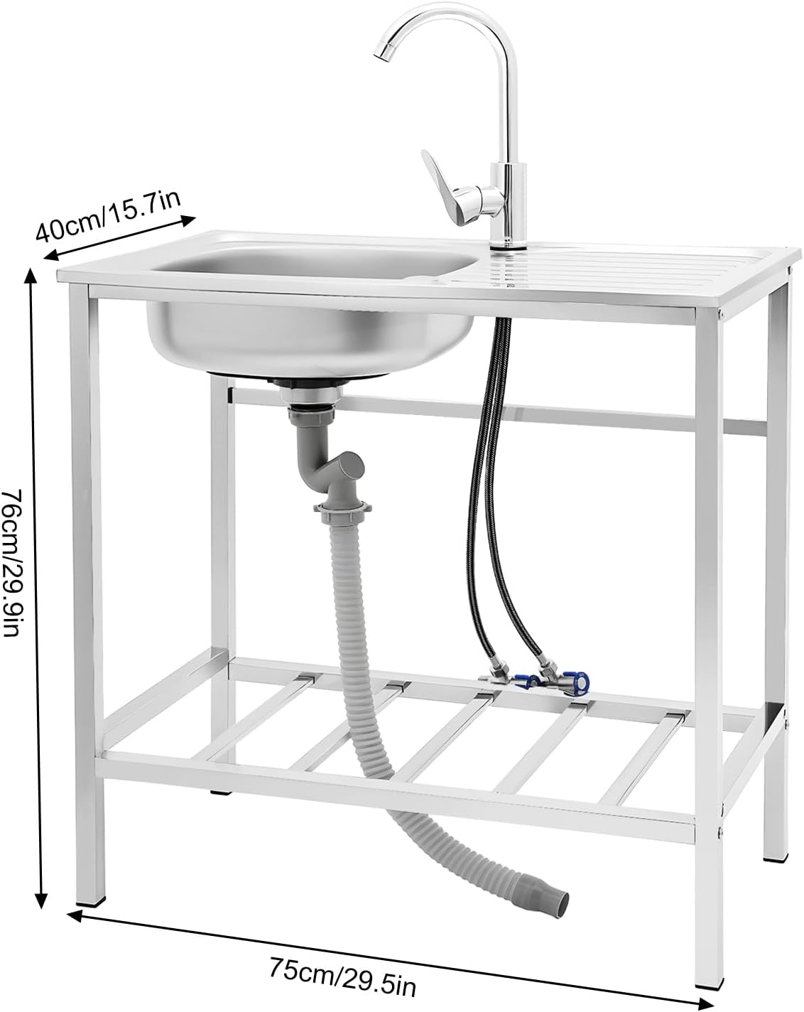 Outdoor Utility Sink,Free Standing Stainless Steel Laundry Tub, Single Bowl Portable Washing Hand Basin Station,with Cleaning Table&Storage Shelves for Garage, Restaurant, Kitchen,Camping, Backyard