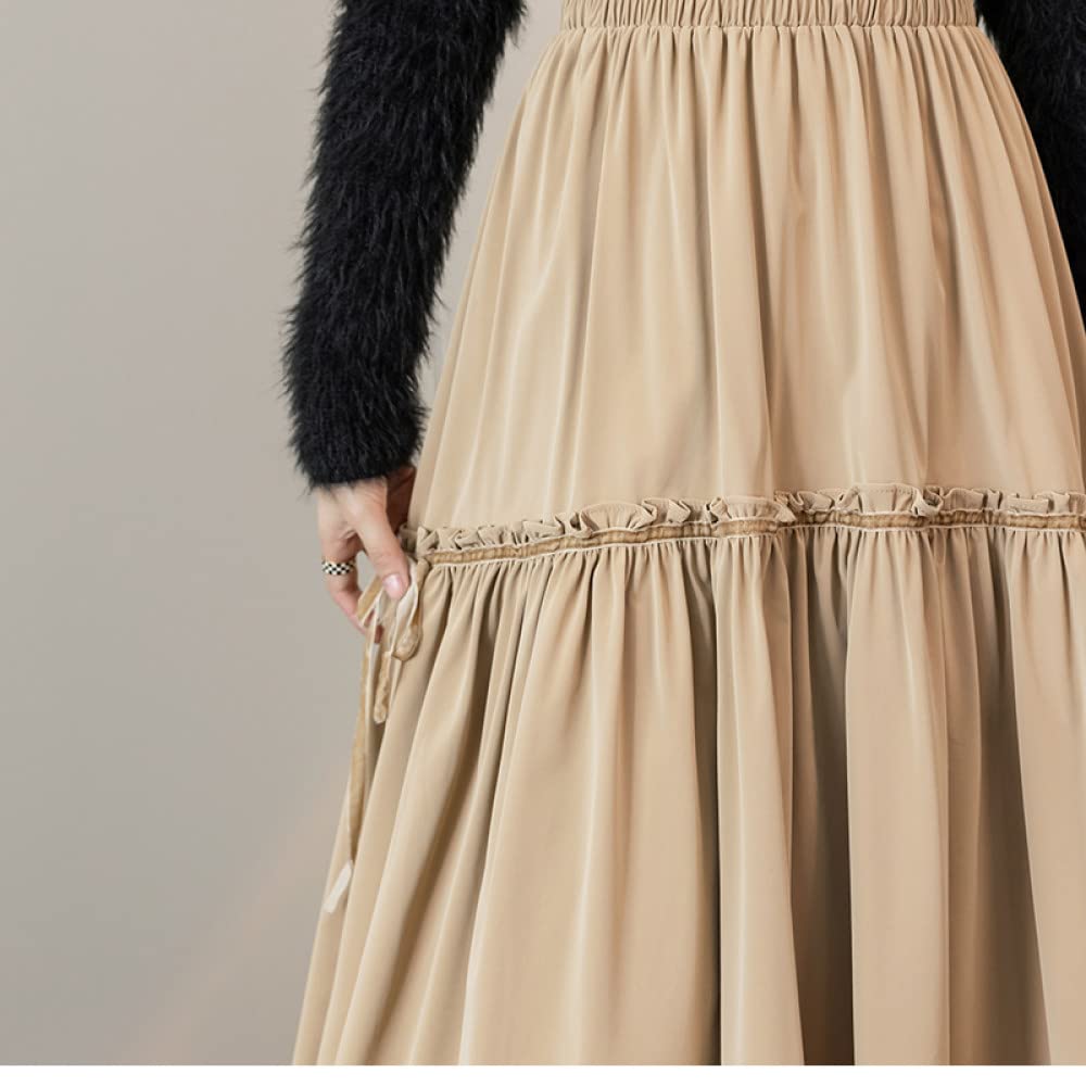 Gonna Lunga Invernale, Gonne per Le Donne Vita Elasticizzata Allacciatura Kaki Design Casual Gonna A Vita Alta A Trapezio Gonne Invernali Chic per Ragazze da Donna Gonna Ampia A Balze A Pendolo