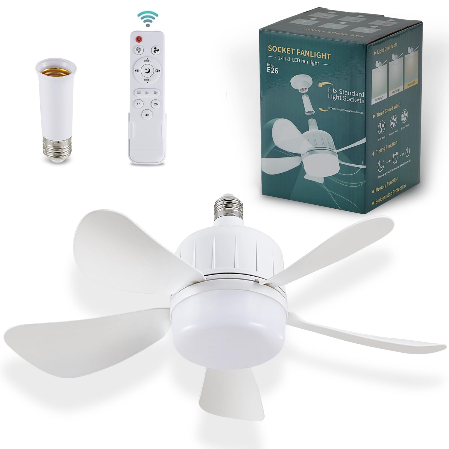 Socket Fan Light with Remote, Dimmable LED Ceiling Fans with Lights, 15" Screw in Socekt Fans and Socket Extender, 3 Colors 3000K-6500K, Replacement
