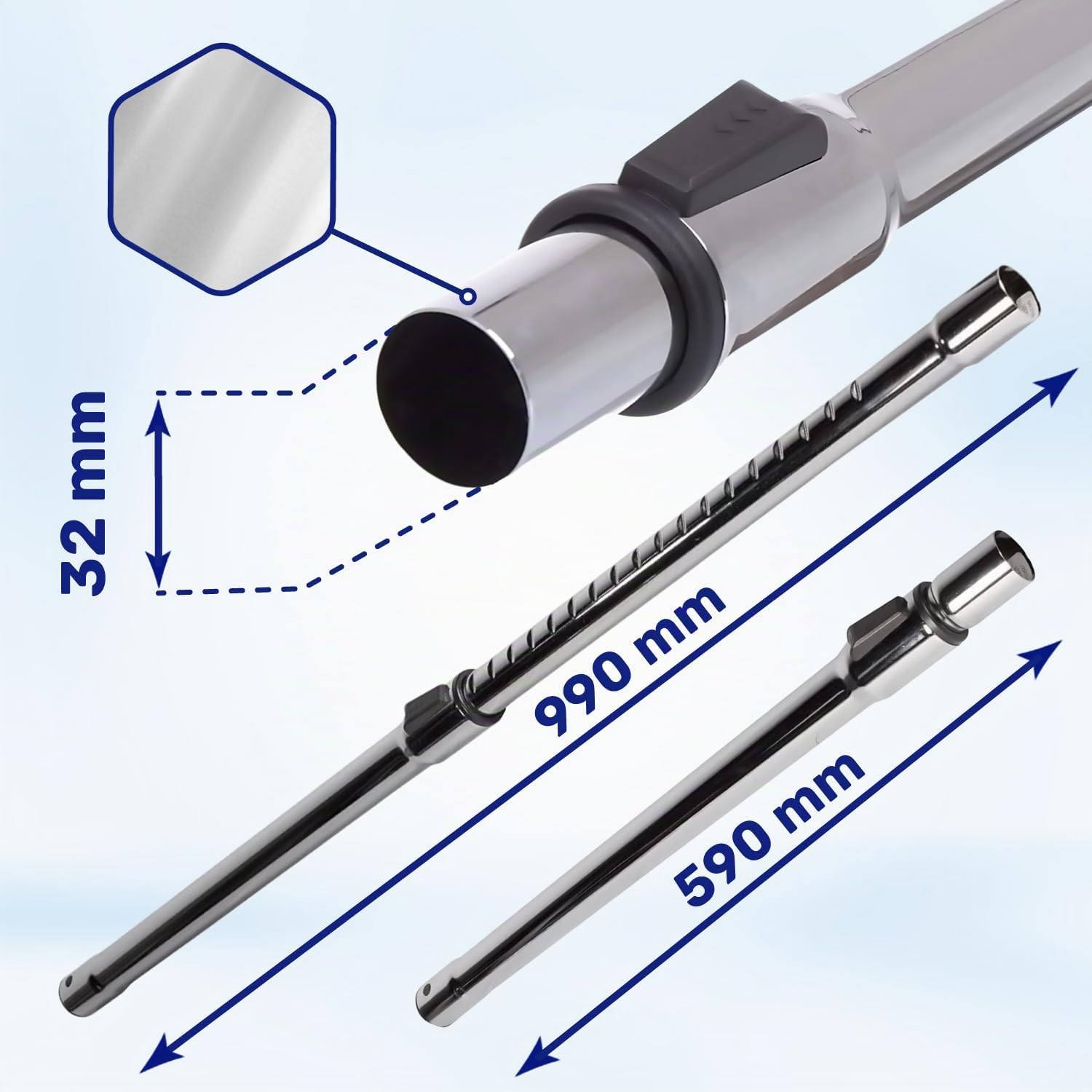 Tubo Telescopico Universale per Aspirapolvere Ø 32mm Estensibile da 590mm a 990mm Garanzia di 10 Anni - MONTERAL