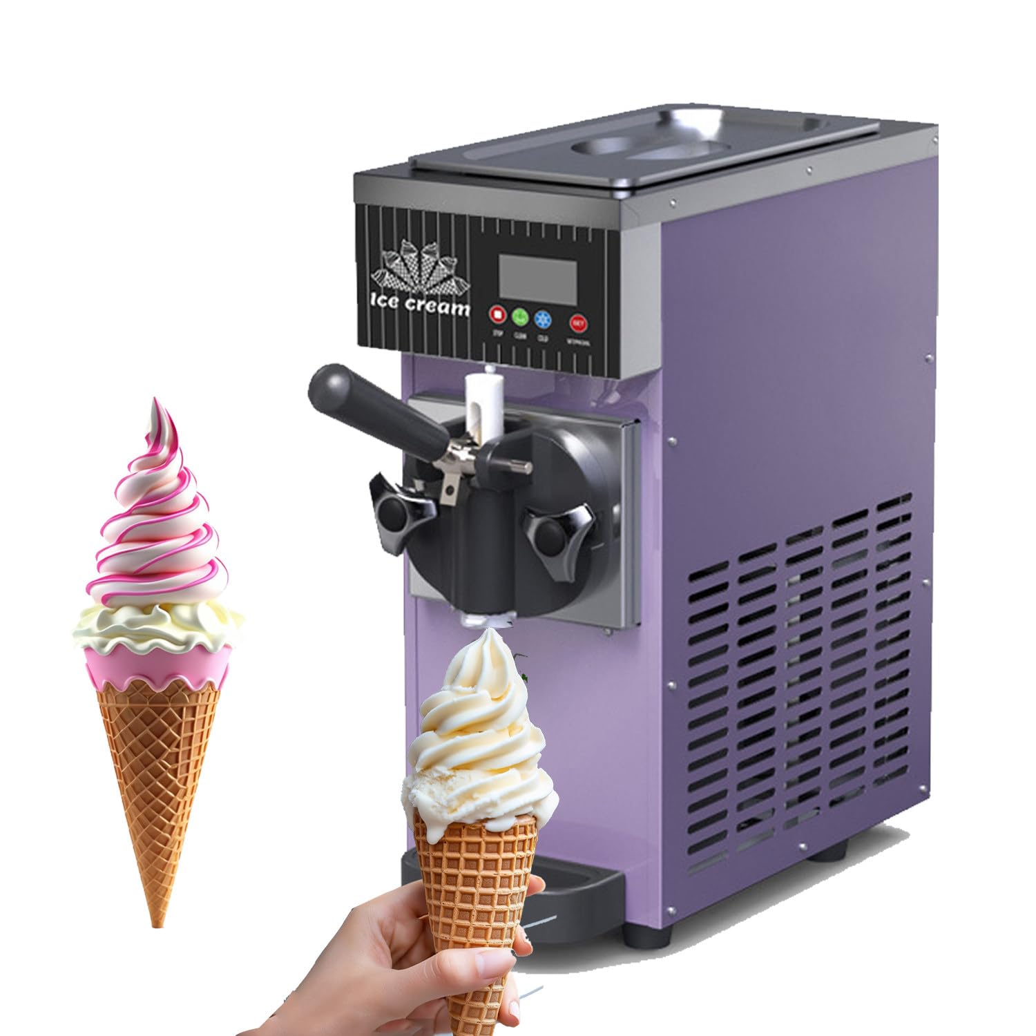 Soft Serve Ice Cream Maker Machine 4-5kg H Countertop 1L Cylinder with 2 5L Hopper LED Display Purple