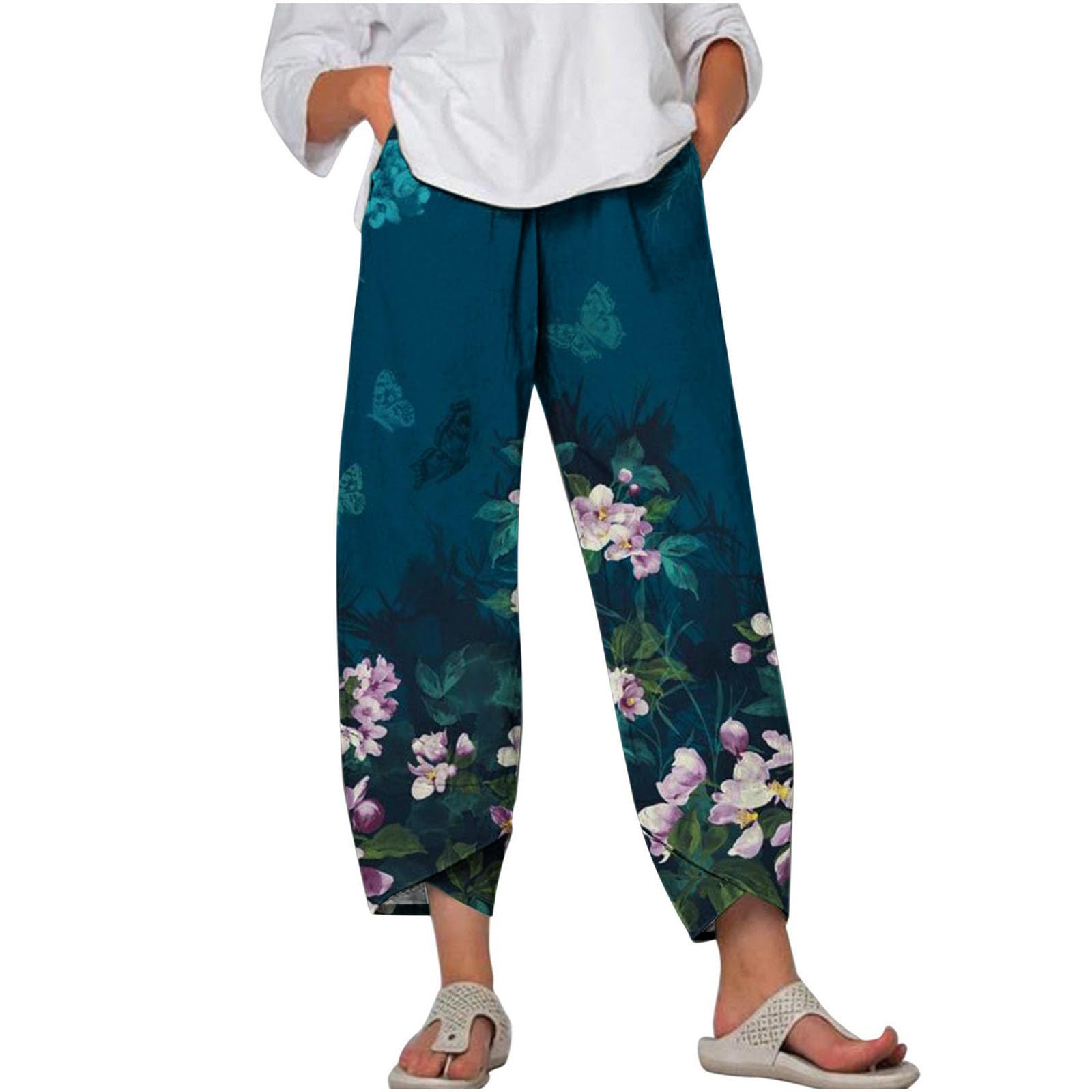 7/8 Hosen Damen Sommer Musselin Leinen Damen Hose Leinen Baumwolle Farbverlaufsdruck Sommerhose Casual Leichte Bequeme Luftige Freizeithose Strandhose Mit Taschen Stretch High Waist mit Kordelzug