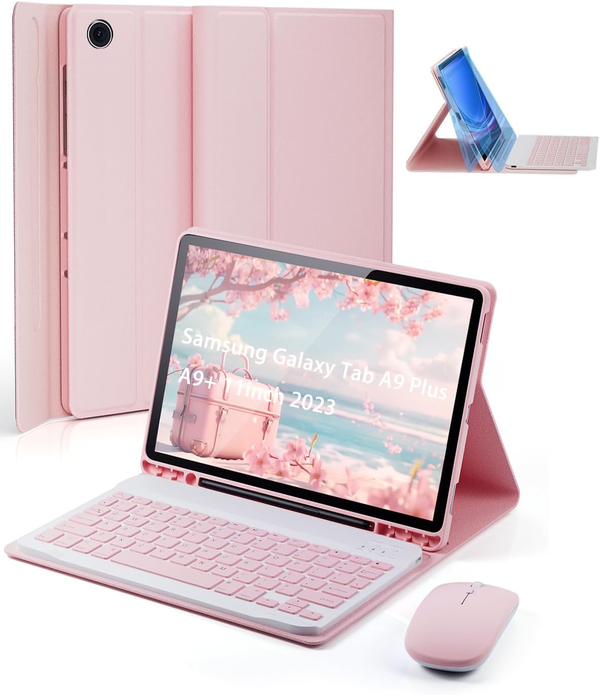 TUNKARMOR Case Keyboard for Samsung Galaxy Tab A9 Plus / A9+ 11inch 2023 - Mouse and Detachable Magnetic Keyboard, Slim Case with S Pen Holder, Auto Sleep/Wake (Pink)