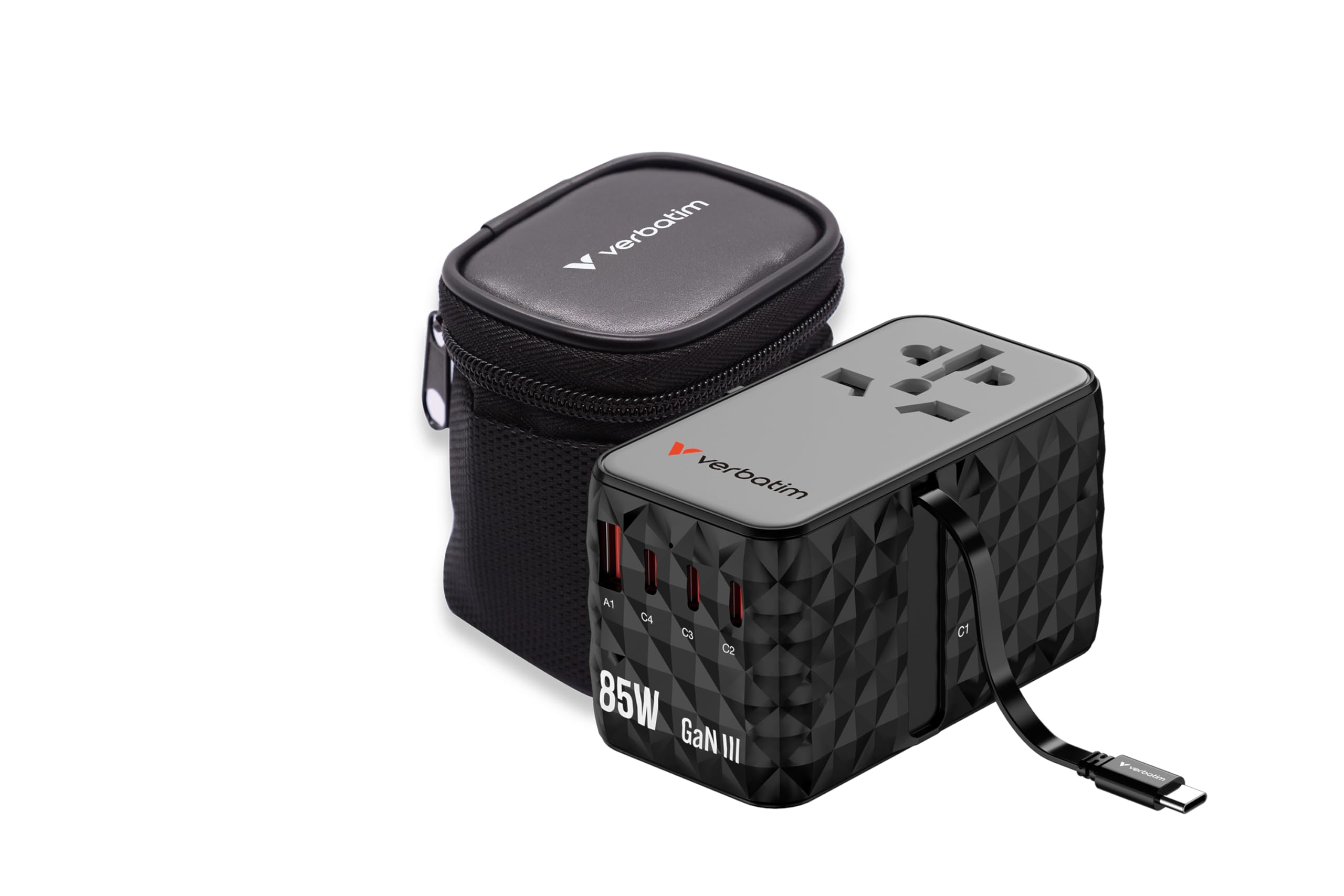Verbatim GaN uniwersalny adapter podróżny z wbudowanym kablem USB C, 85 W, adapter z 1 gniazdem USB-A i 3 portami USB-C, szybka ładowarka do laptopa, telefonu komórkowego, aparatu, do zastosowania na