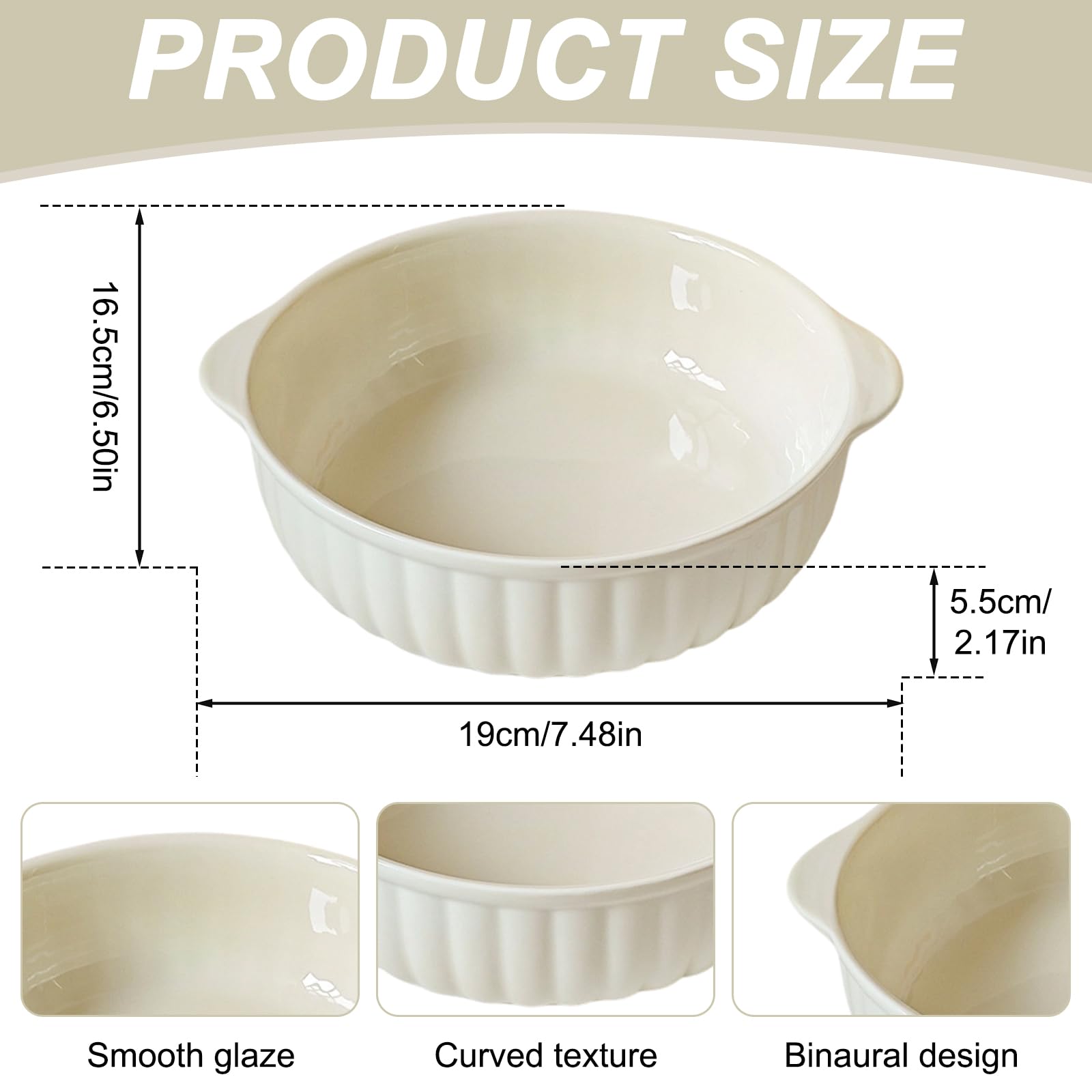 Cazuela de cerámica de 700 ml, 7,5 pulgadas, de cerámica, redondos, con asas, para lasaña, carne, verduras, para freidora de aire caliente, horno, microondas, color blanco