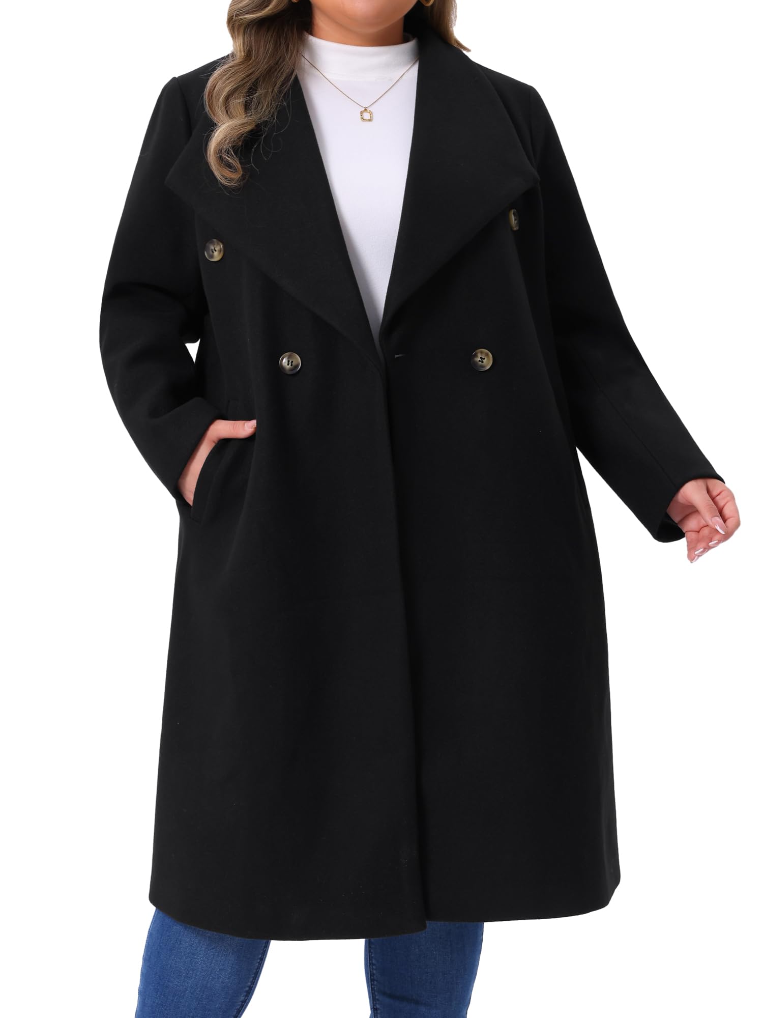 Agnes Orinda Plus Size Peacoat Overcoat for Women Classic Notch Big Lapel Double Breasted Mid-Long Trench Coat