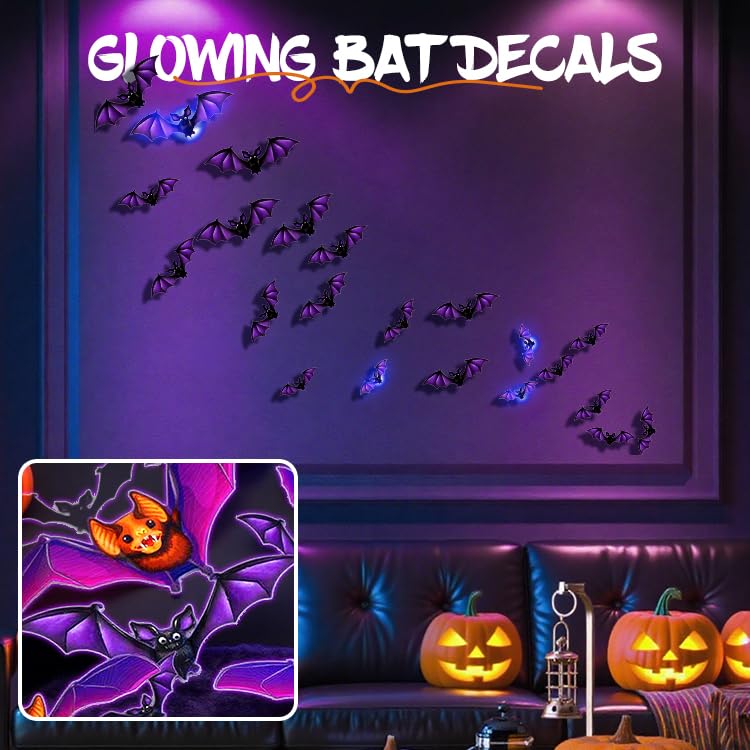 Image of 3D Bat Design LED Decoration Halloween Light up Glowing Bats Decor, Purple | 2026 New Lighted 3D Bat Stickers for Halloween Indoor Outdoor Home 3D LED Bats Window Door Party Wall Decor