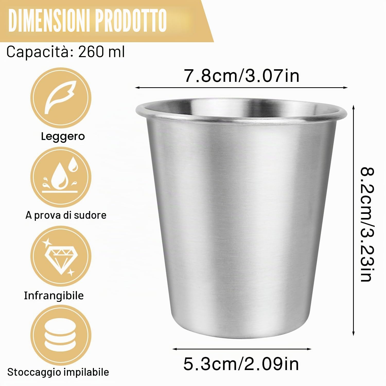 Bicchiere Acciaio Inox, 8 Pezzi 260 ml Bicchieri Infrangibili, Bicchieri da Viaggio, Tazza Campeggio, Riutilizzabile Bicchieri in Acciaio Inox Adatto per Famiglia, Picnic, Viaggi, Barbecue