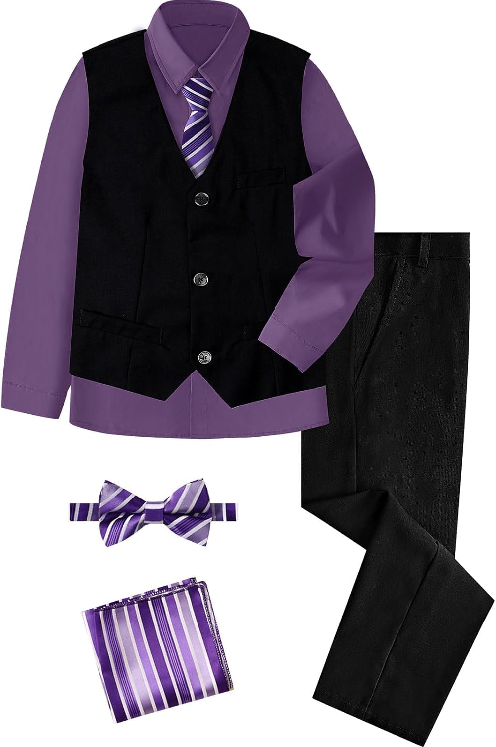 A&J DESIGN Boys 6-Piece Formal Suit Vest and Pant Set with Dress Shirts, Vest, Pants, Tie, Bowtie and Pocket Square