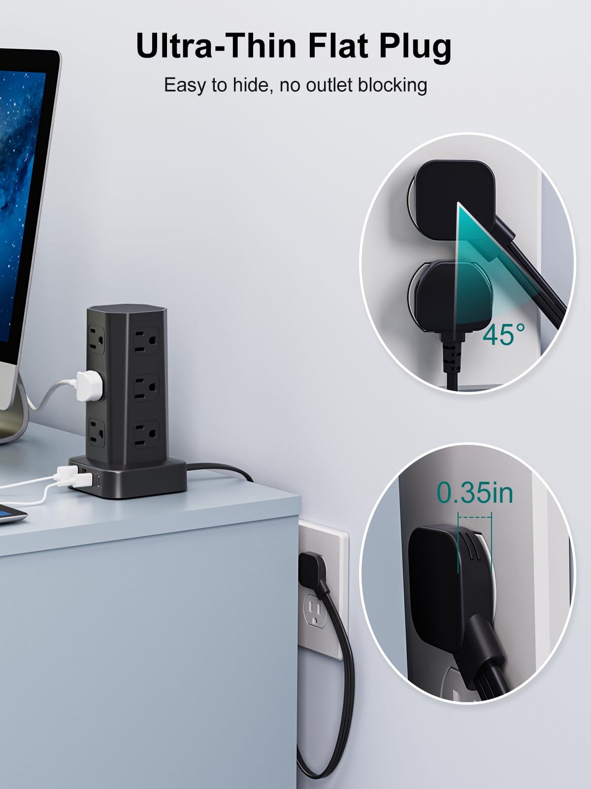 Protector de sobretensiones de torre, cable de extensión de enchufe plano de 6 pies con múltiples tomas, 12 salidas de CA, 4 USB (2 USB C), estación de carga de computadora con protección contra