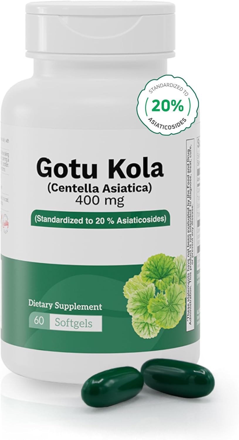 Gotu Kola 400mg Capsules – 20% Asiaticosides Standardized Centella Asiatica Extract – Supports Circulation, Brain & Cognitive Function – 60 Softgels