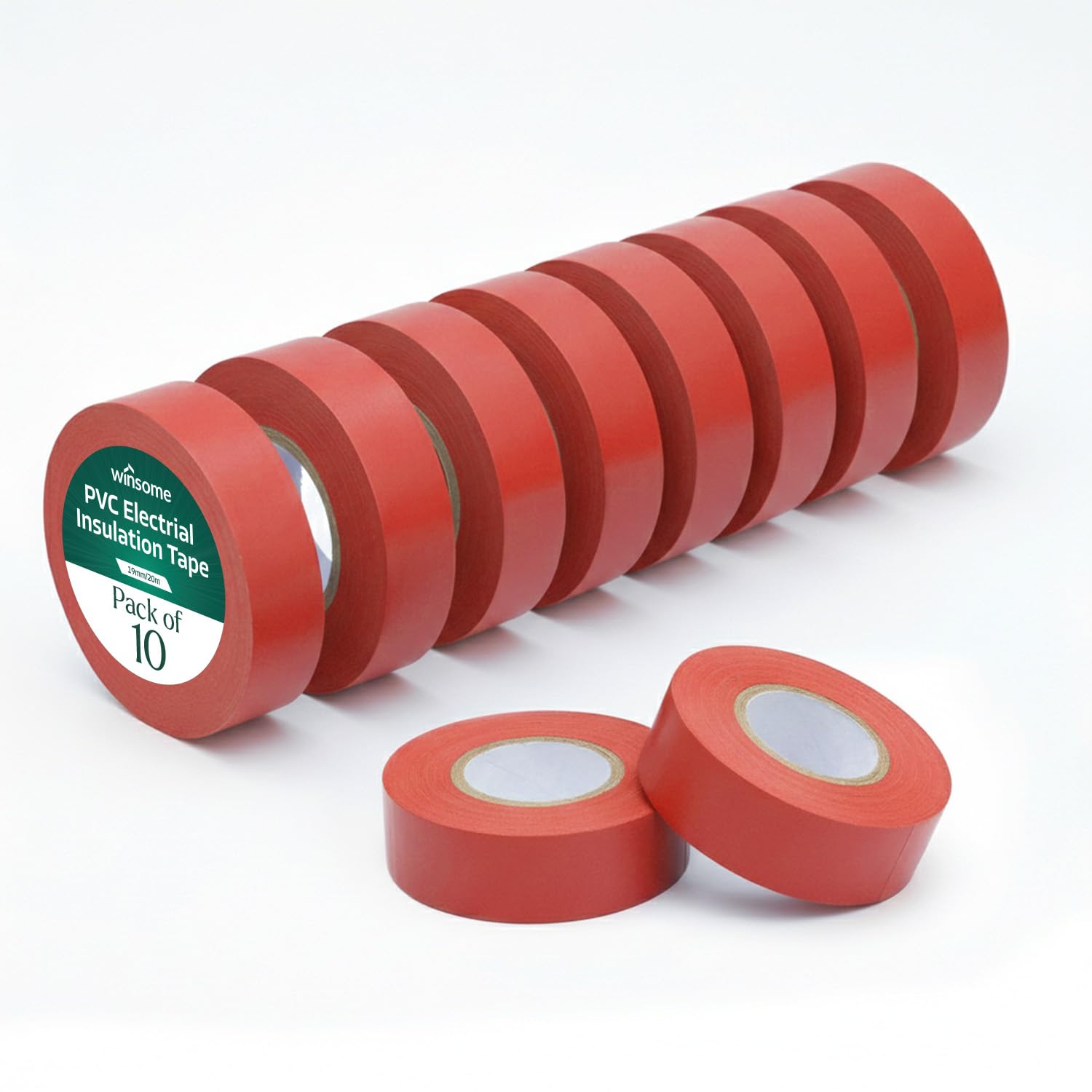 WINSOME Electrical Tape Pack of 10 | 20m X 19mm Waterproof Insulation Tape for Electric Wires & Cables | Strong & Sticky Electrician’s Tape for Preventing Short Circuits (Red, Pack of 10)
