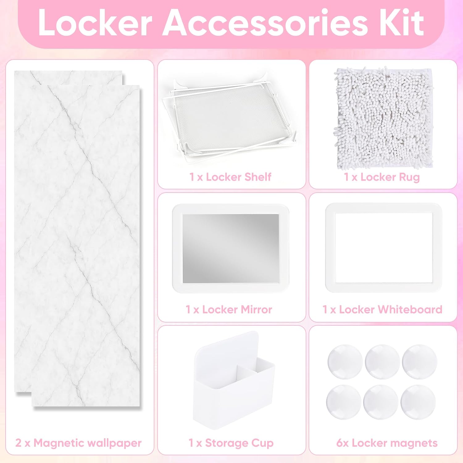 Locker Organizer and Locker Accessories Kit Includes Shelf、Rug、Mirror、Whiteboard、Storage Cup、and Magnetic Wallpaper Pink Locker Accessory for boy Back to School Essentials (White)